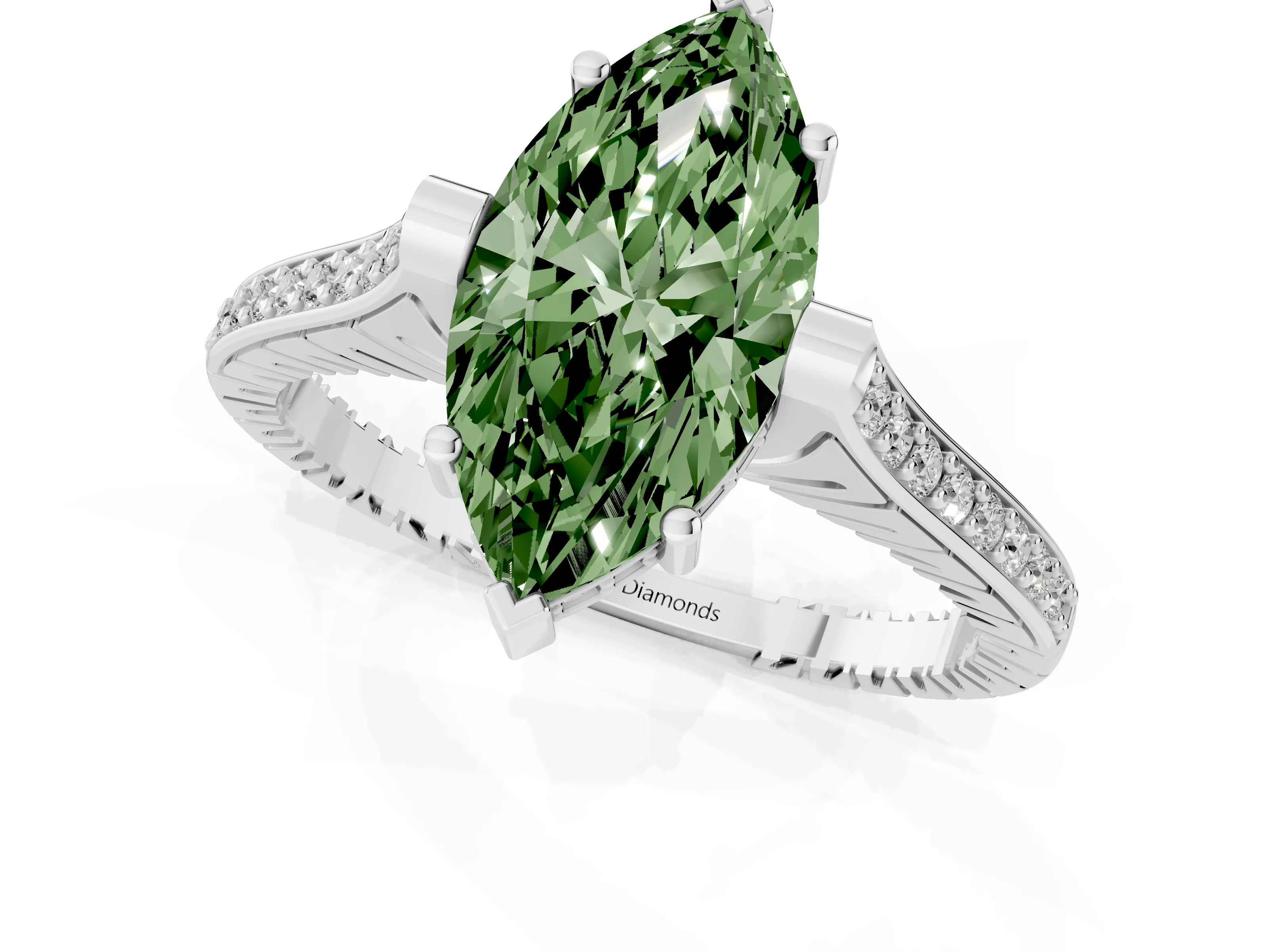 Fancy Green Marquise Cut Diamond Solitaire Ring Set in Silver with Channel Set Band and Bezel Prong Setting