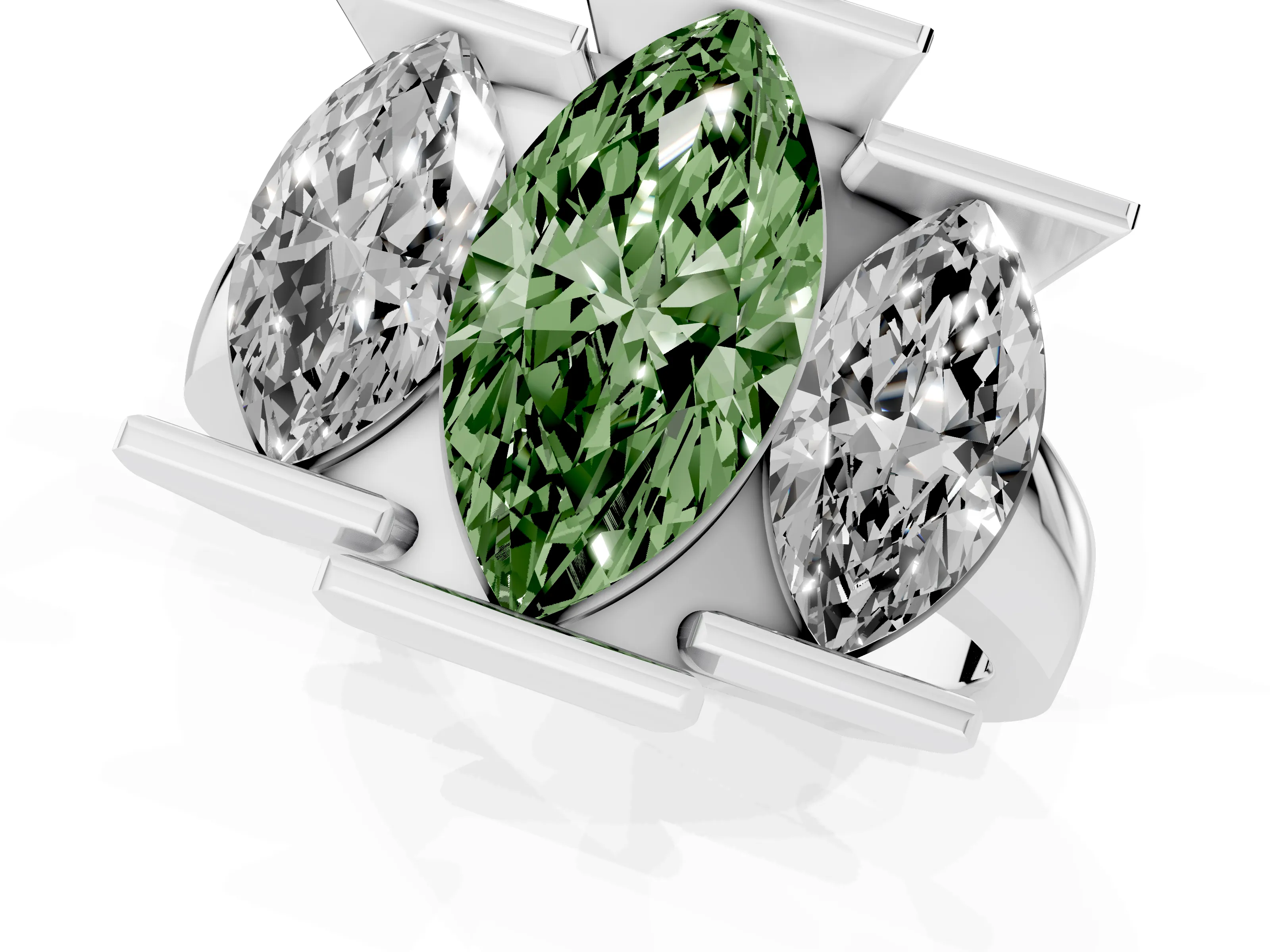 Fancy Green Marquise Cut Diamond Three-Stone Channel Set Ring Set in Silver with Smooth Polished Band