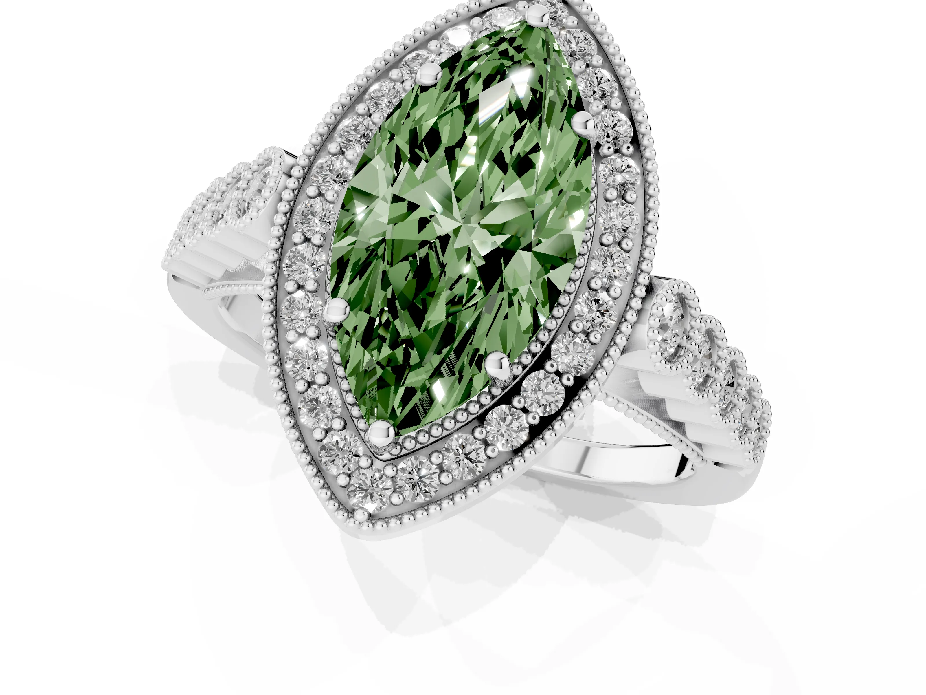 Fancy Green Marquise Cut Diamond Milgrain Halo Solitaire Ring Set in Platinum with Bezel Set Side Stones and Pavé Band – second view