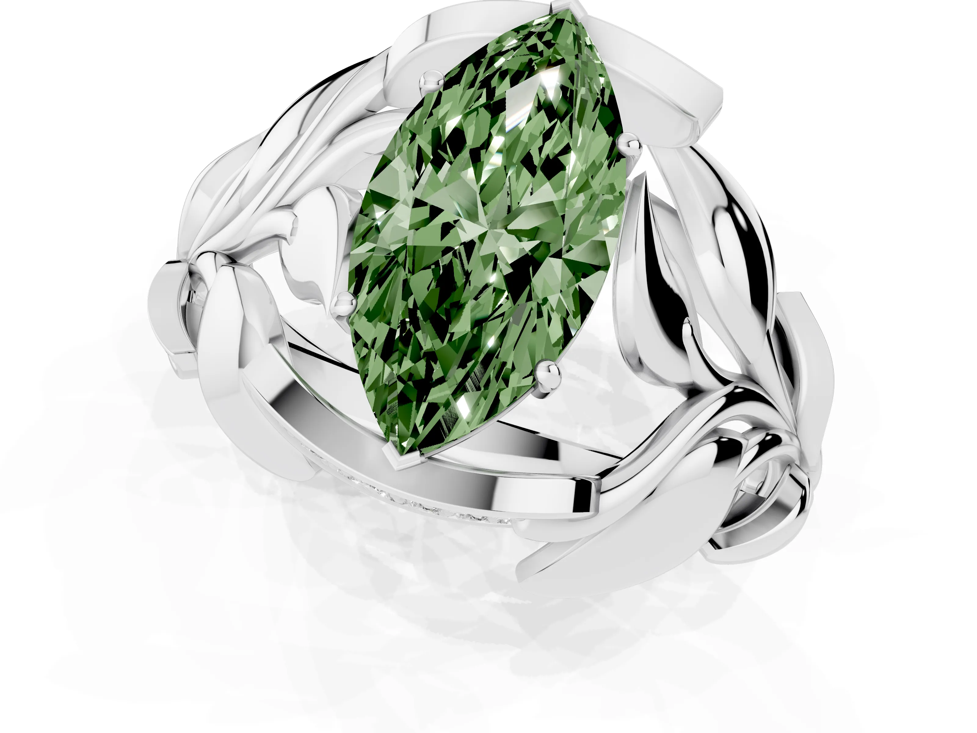 Fancy Green Marquise Cut Diamond Leaf-Inspired Engagement Ring Set in Platinum with Round Accents