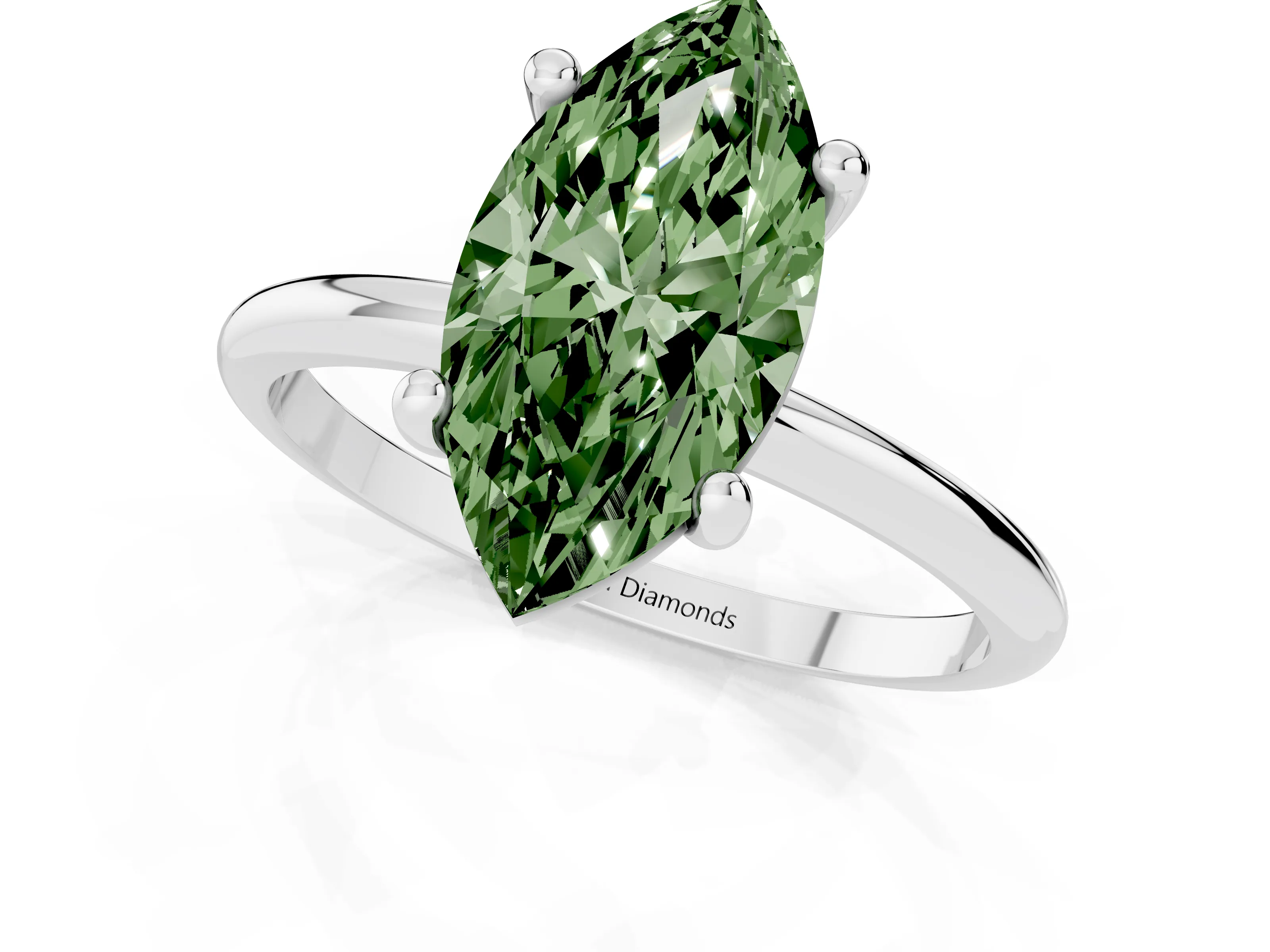 Fancy Green Marquise Cut Diamond Solitaire Ring Set in Platinum with Secure Prong Setting on a Classic Band