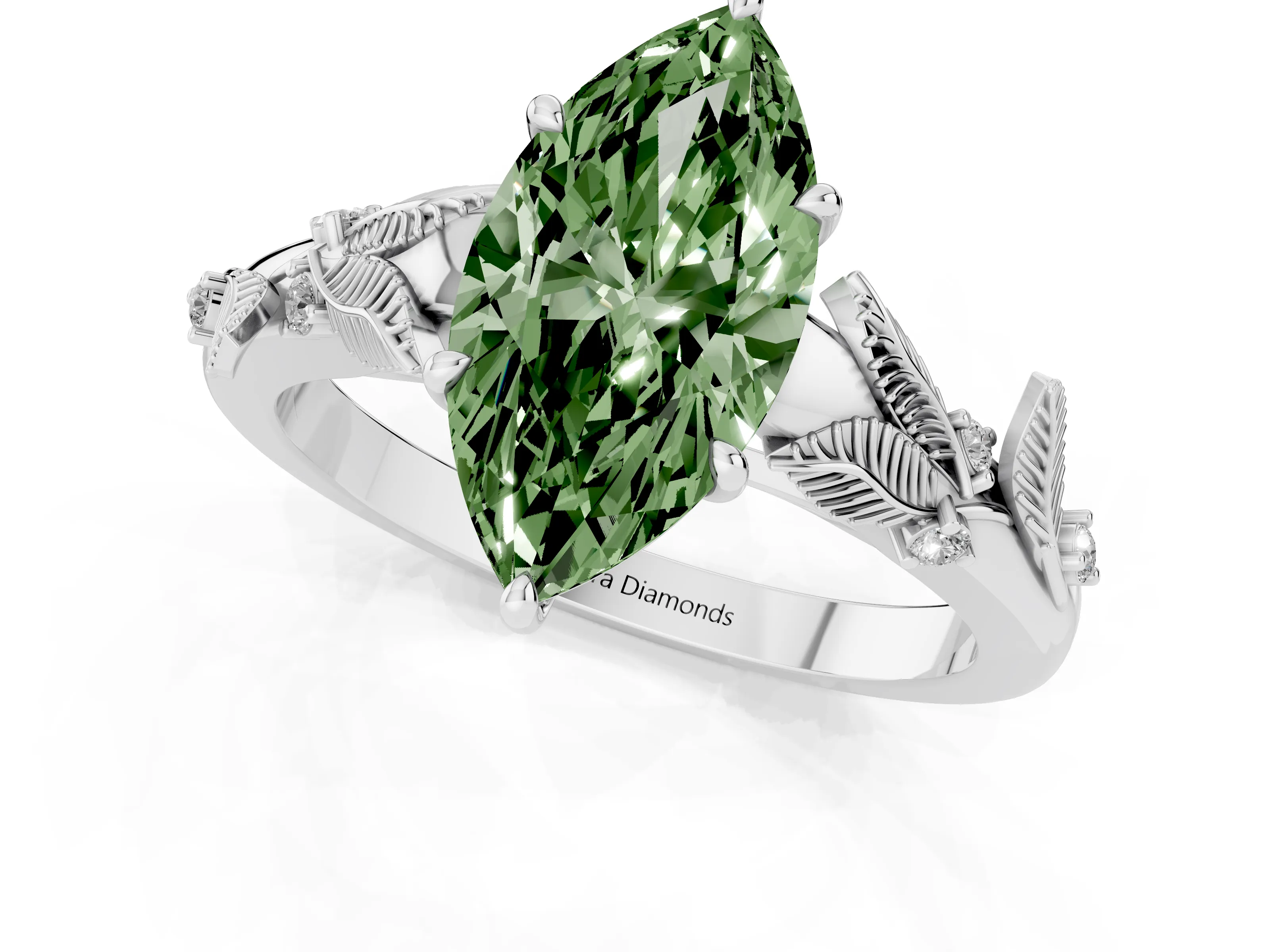 Fancy Green Marquise Cut Diamond Solitaire Ring Set in White gold with Leaf Motif Band