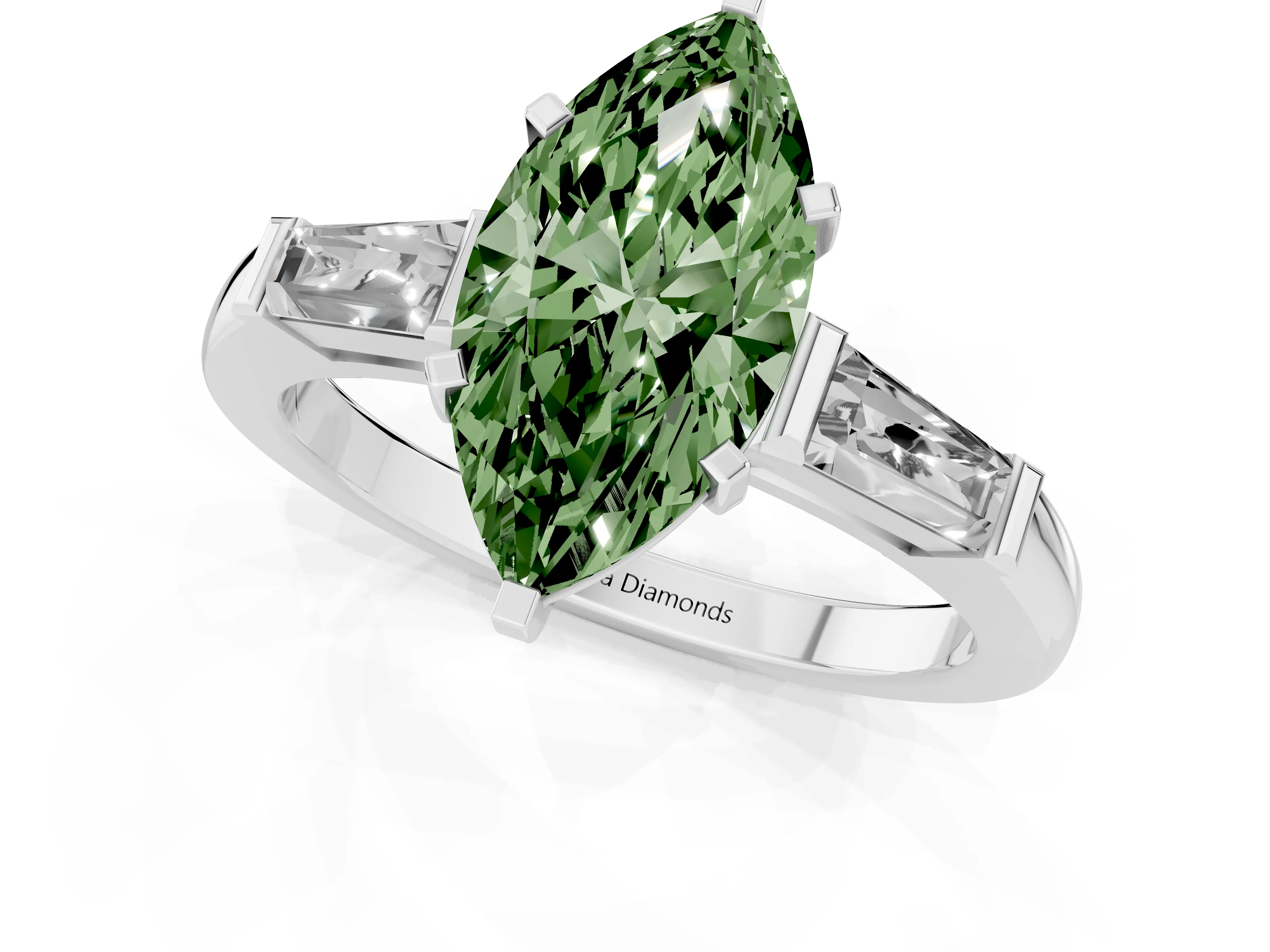 Fancy Green Marquise Cut Diamond Solitaire Ring Set in White gold with Tapered Baguette Side Stones and Prong Setting