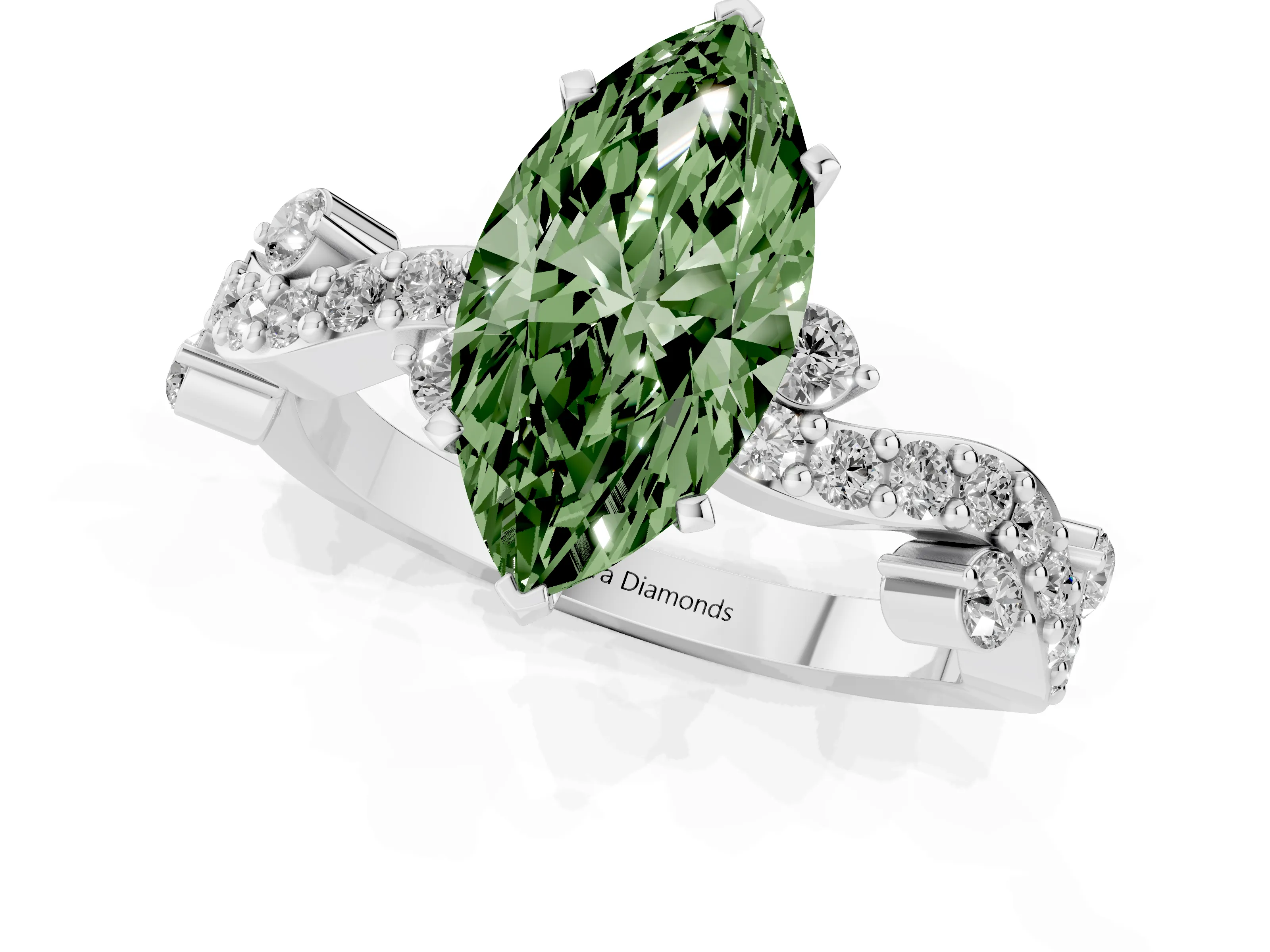 Fancy Green Marquise Cut Diamond Solitaire Twisted Band Set in Platinum with Pavé Setting