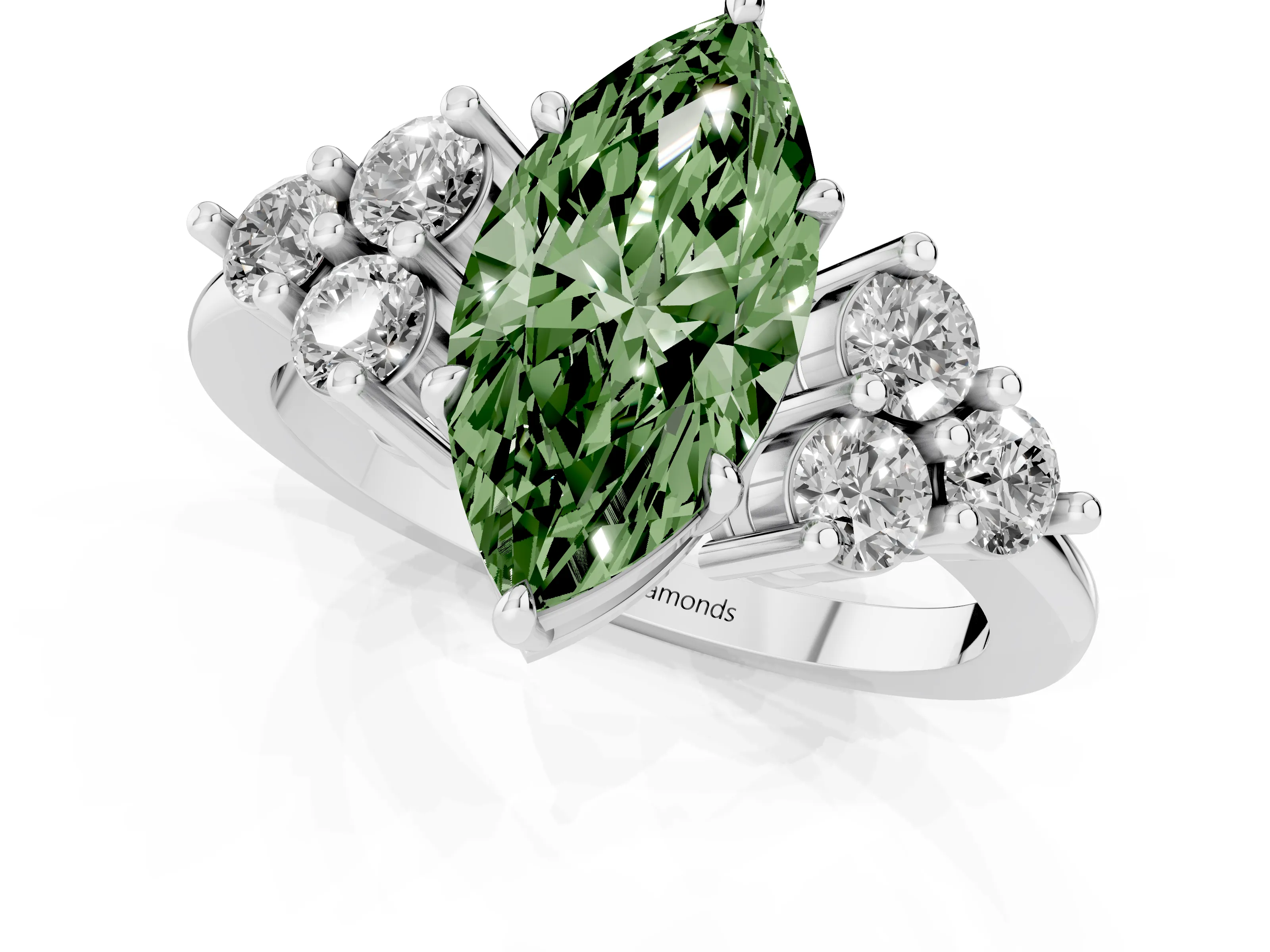 Fancy Green Marquise Cut Diamond Solitaire Ring Set in Silver with Cluster Accents on Each Side