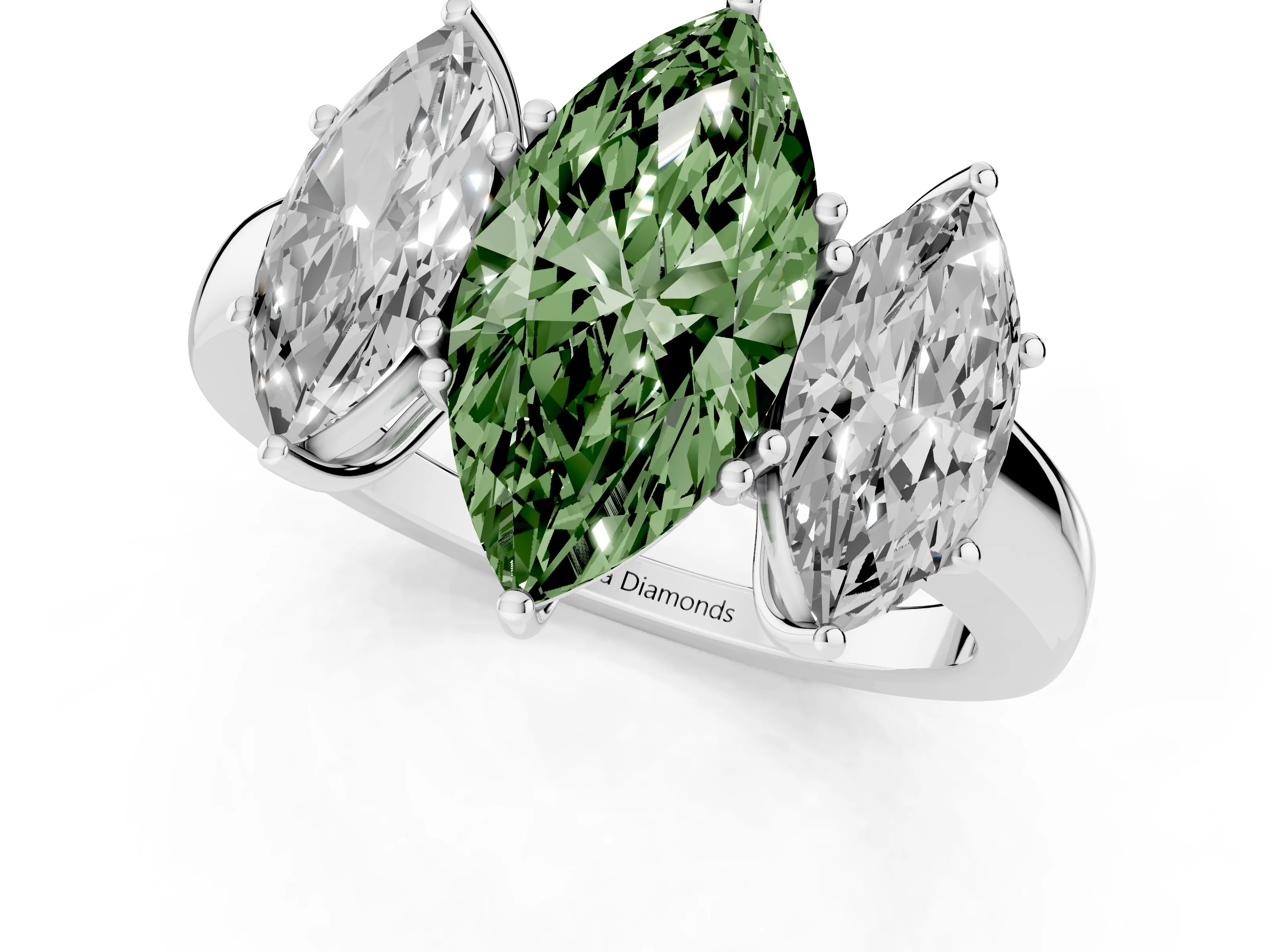 Fancy Green Marquise Cut Diamond Three-Stone Ring Set in Silver with Bold Center and Classic Band – second view