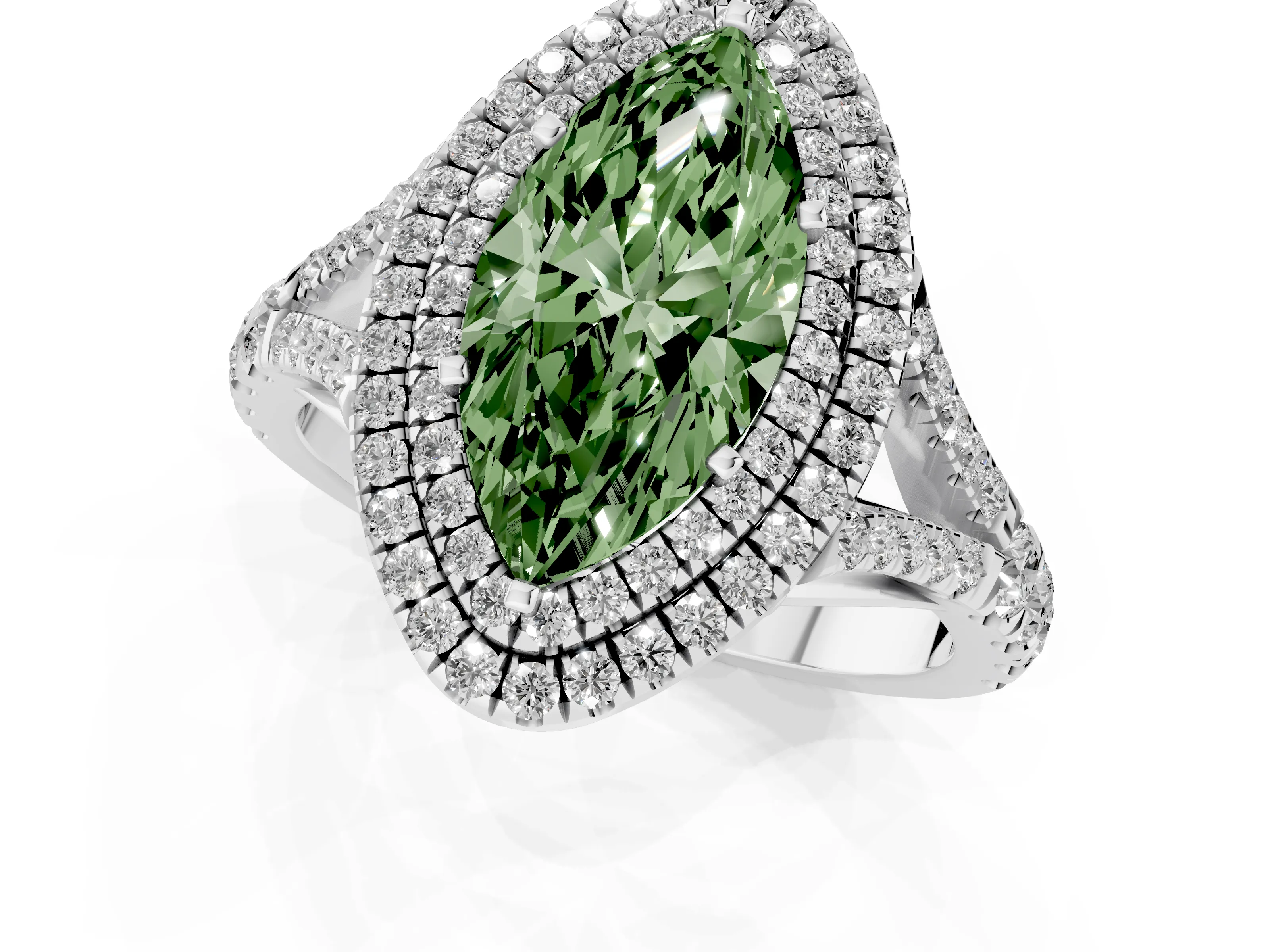 Fancy Green Marquise Cut Diamond Pavé Split Shank Double Halo Engagement Ring Set in Platinum