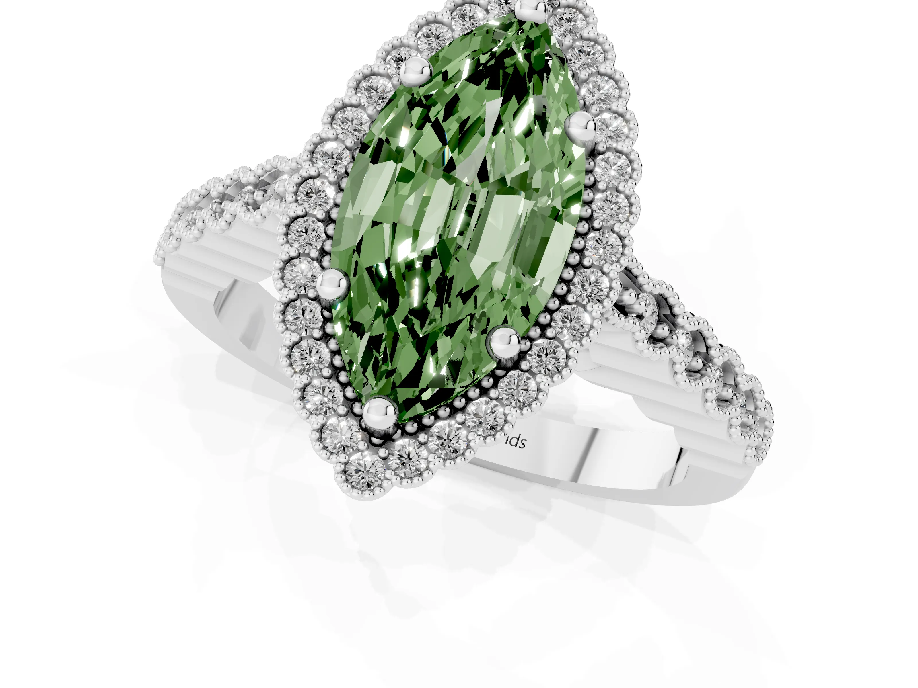 Fancy Green Marquise Cut Diamond Halo Ring Set in Silver with Pavé Milgrain Band