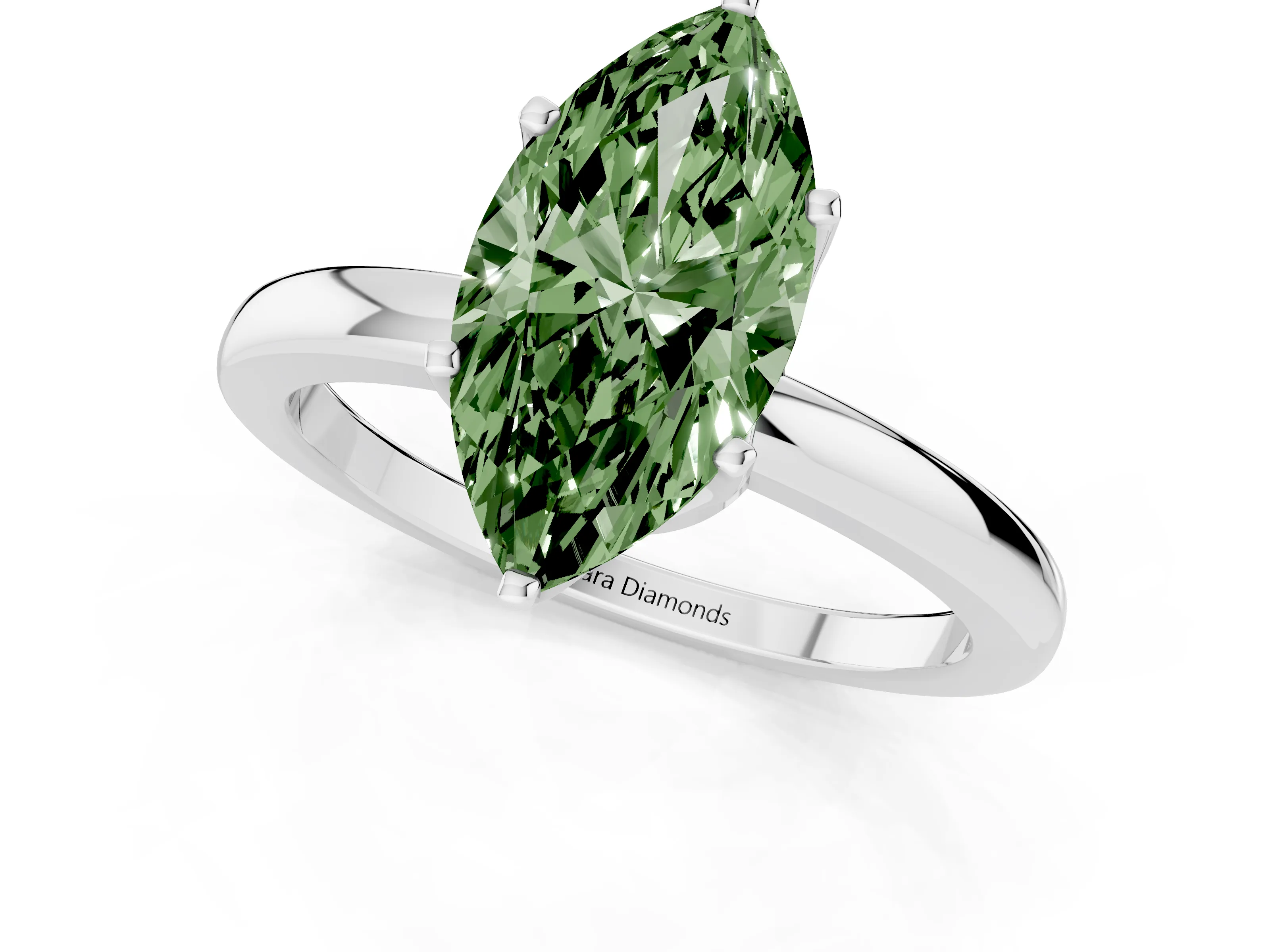 Fancy Green Marquise Cut Diamond Solitaire Ring Set in White gold with Raised Prong Setting on a Classic Band