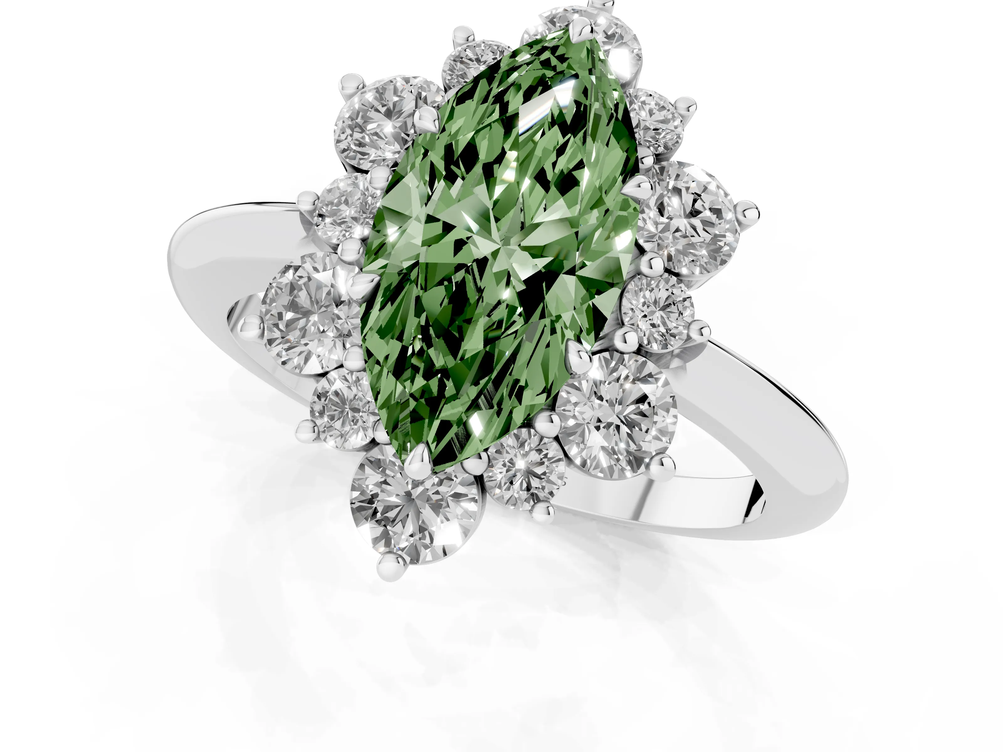 Fancy Green Marquise Cut Diamond Cluster Halo Ring Set in White gold with Solitaire Band and Prong Setting