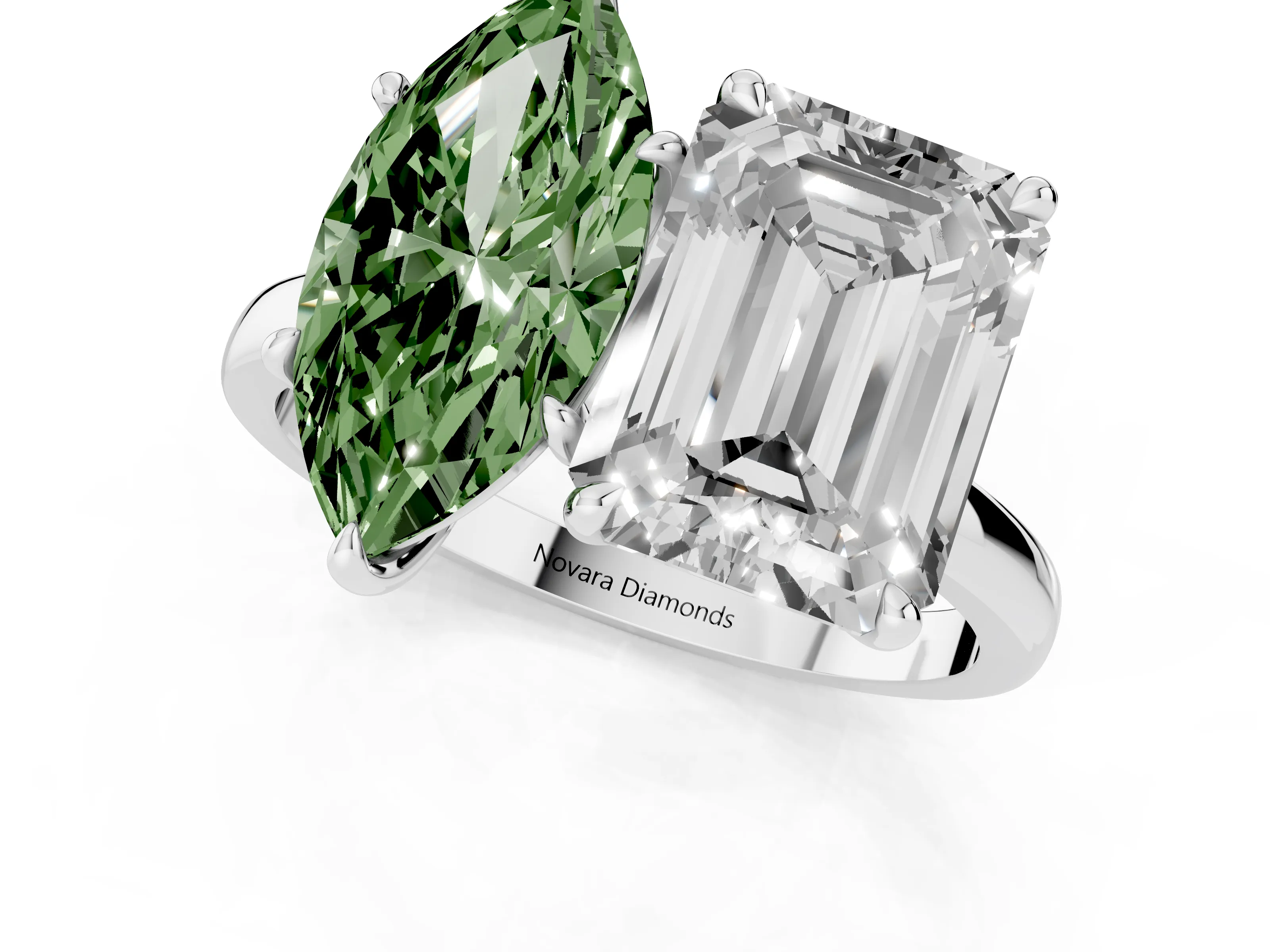 Fancy Green Marquise Cut and Emerald Cut Toi Moi Ring Set in Platinum with Prong Setting