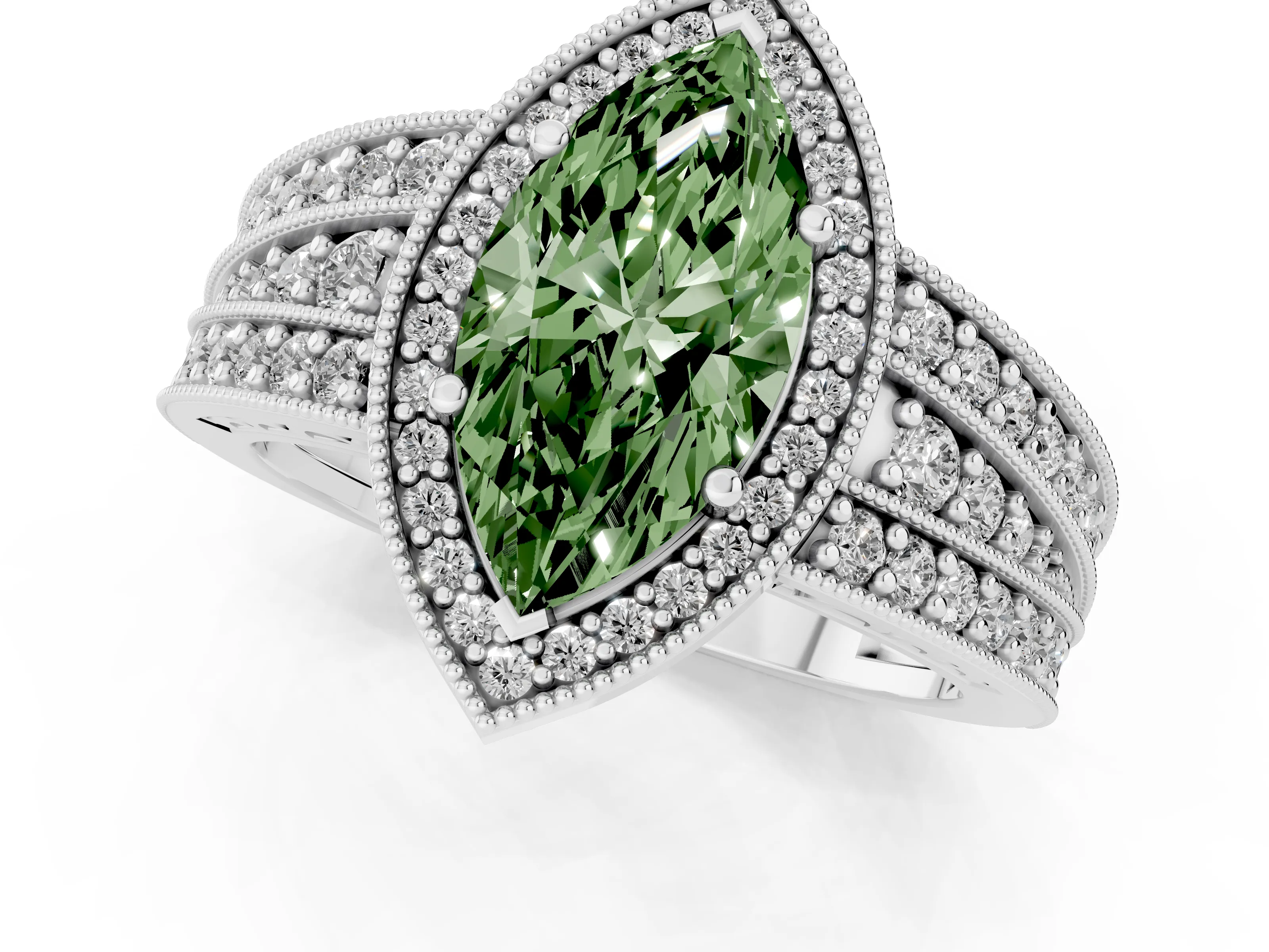 Fancy Green Marquise Cut Diamond Halo Ring Set in Silver with Accent Split Shank and Prong Setting