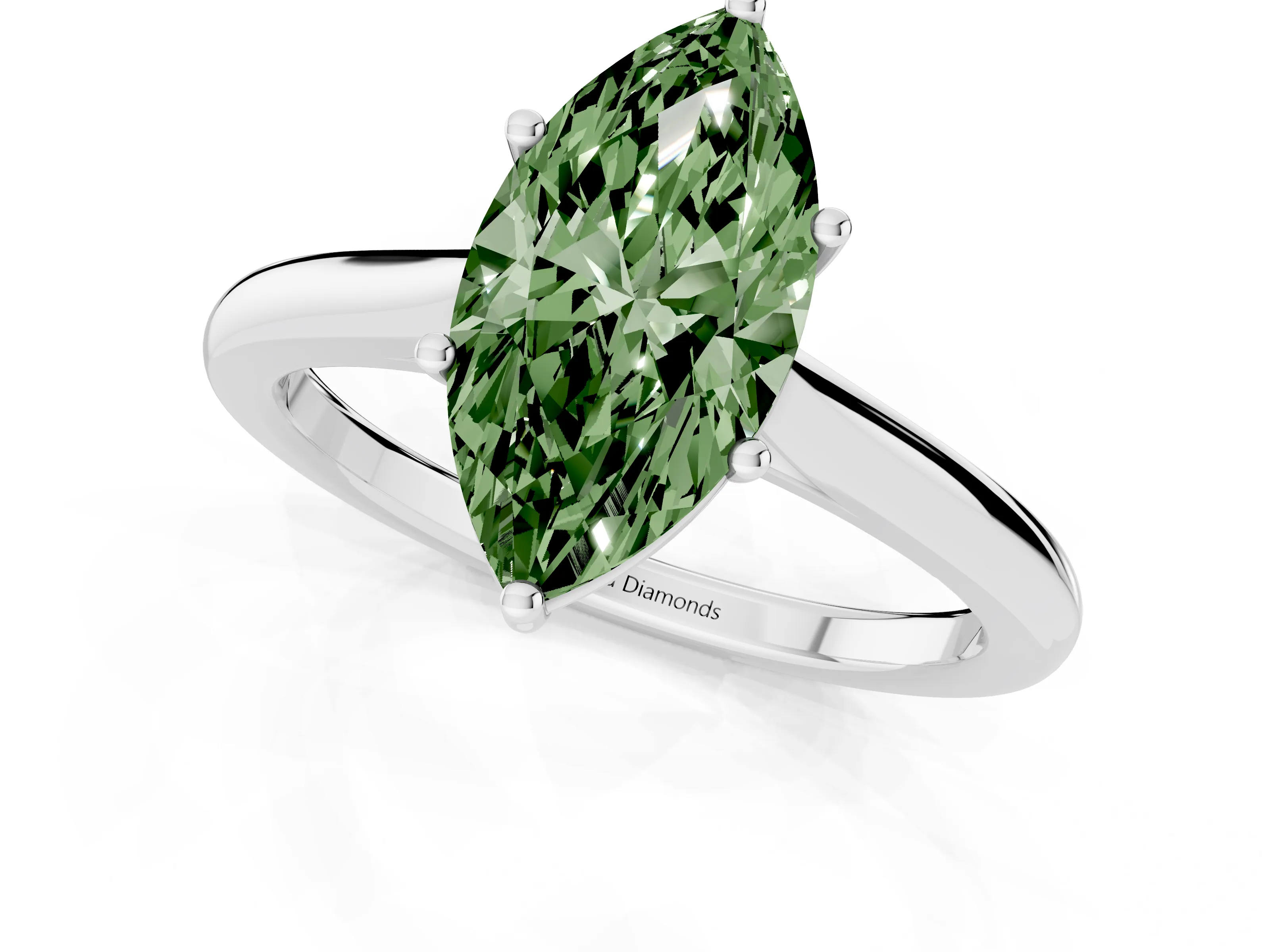 Fancy Green Marquise Cut Diamond Solitaire Ring Set in Silver with Cathedral Band and Prong Setting