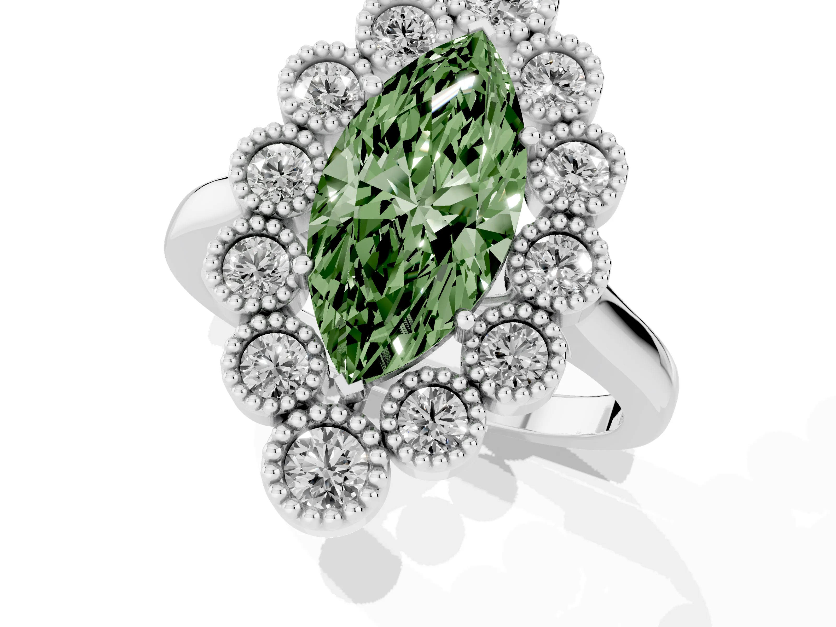 Fancy Green Marquise Cut Diamond Cluster Halo Ring Set in White gold with Milgrain Bezel Accents and Plain Band