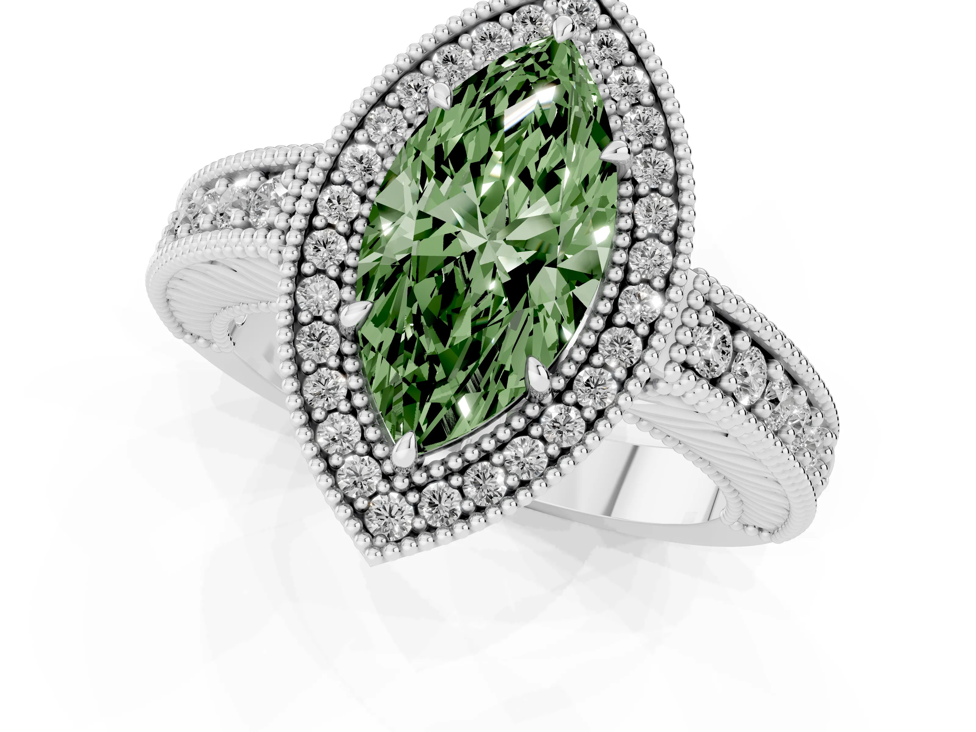 Fancy Green Marquise Cut Diamond Halo Ring Set in White gold with Round Accent Halo, Pavé Band and Prong Setting