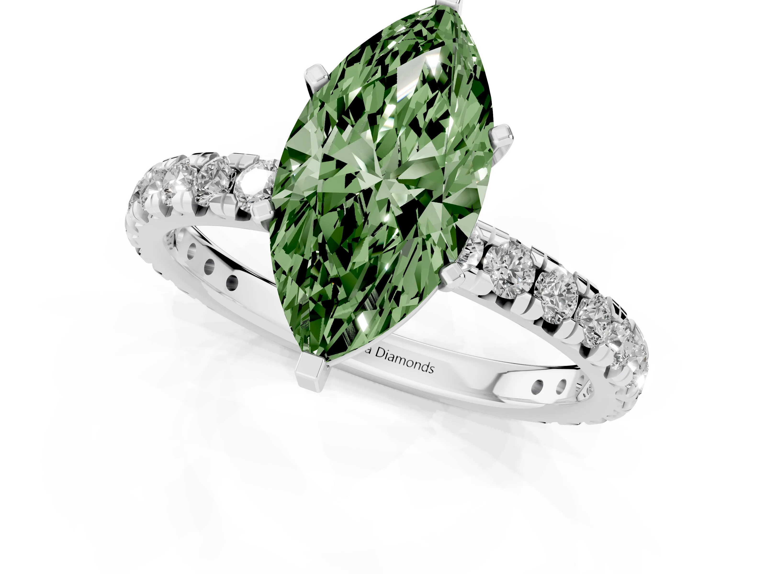 Fancy Green Marquise Cut Diamond Pavé Solitaire Ring Set in White gold with Round Band and Prong Setting