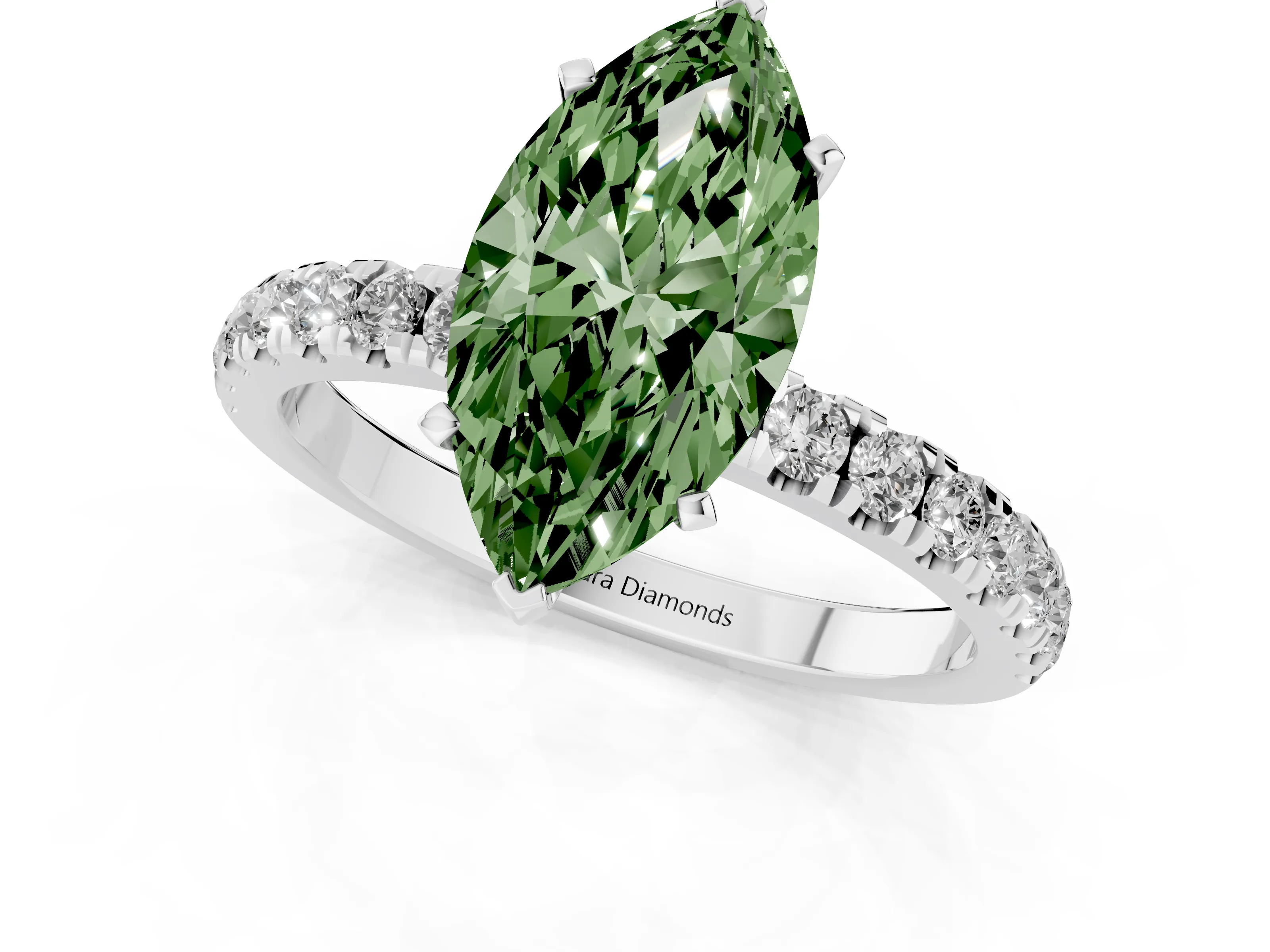 Fancy Green Marquise Cut Diamond Solitaire Ring Set in Platinum with Pavé Accents and Prong Setting