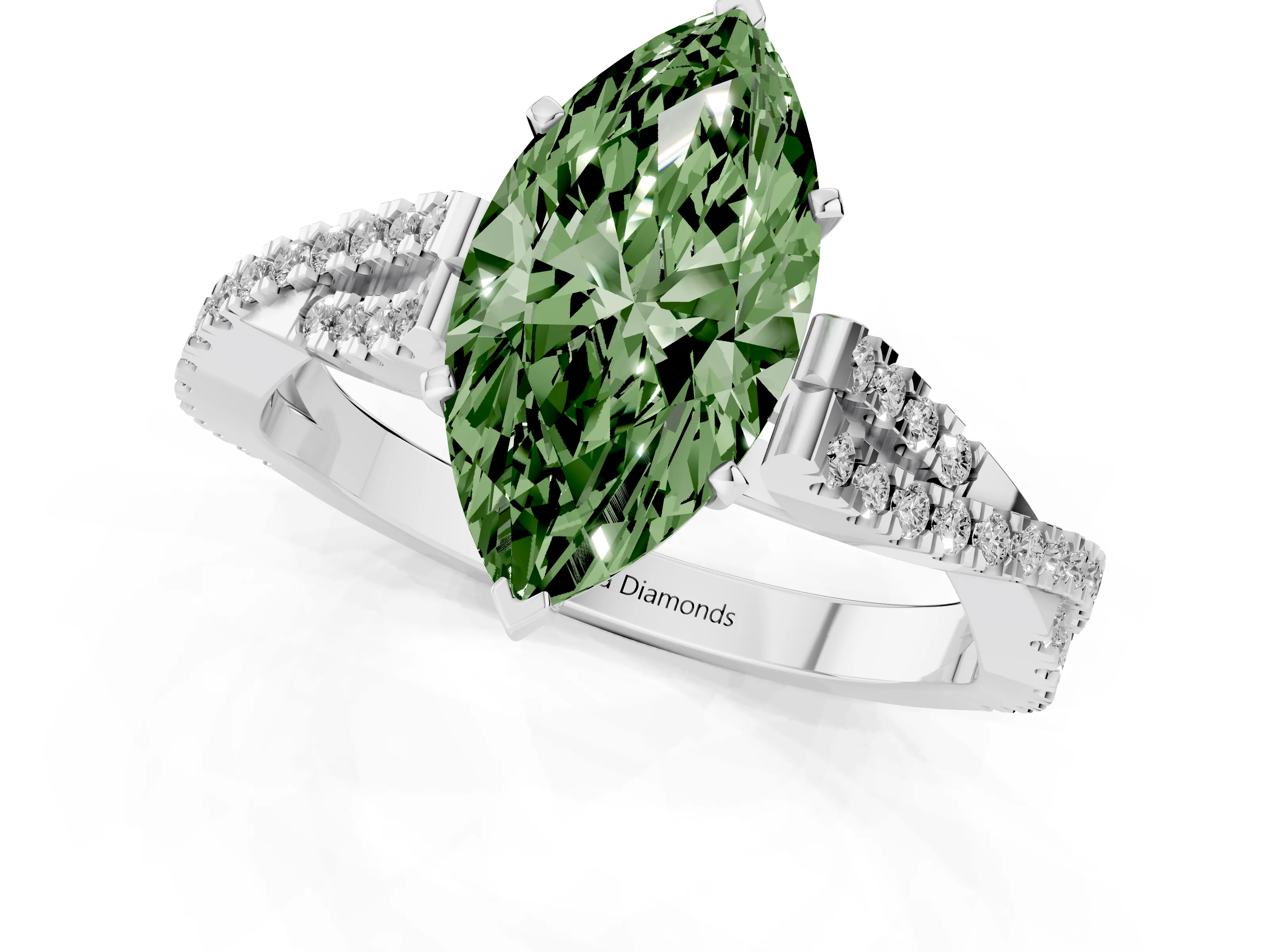 Fancy Green Marquise Cut Diamond Solitaire Engagement Ring Set in Platinum with Twisted Pavé Band and Prong Setting