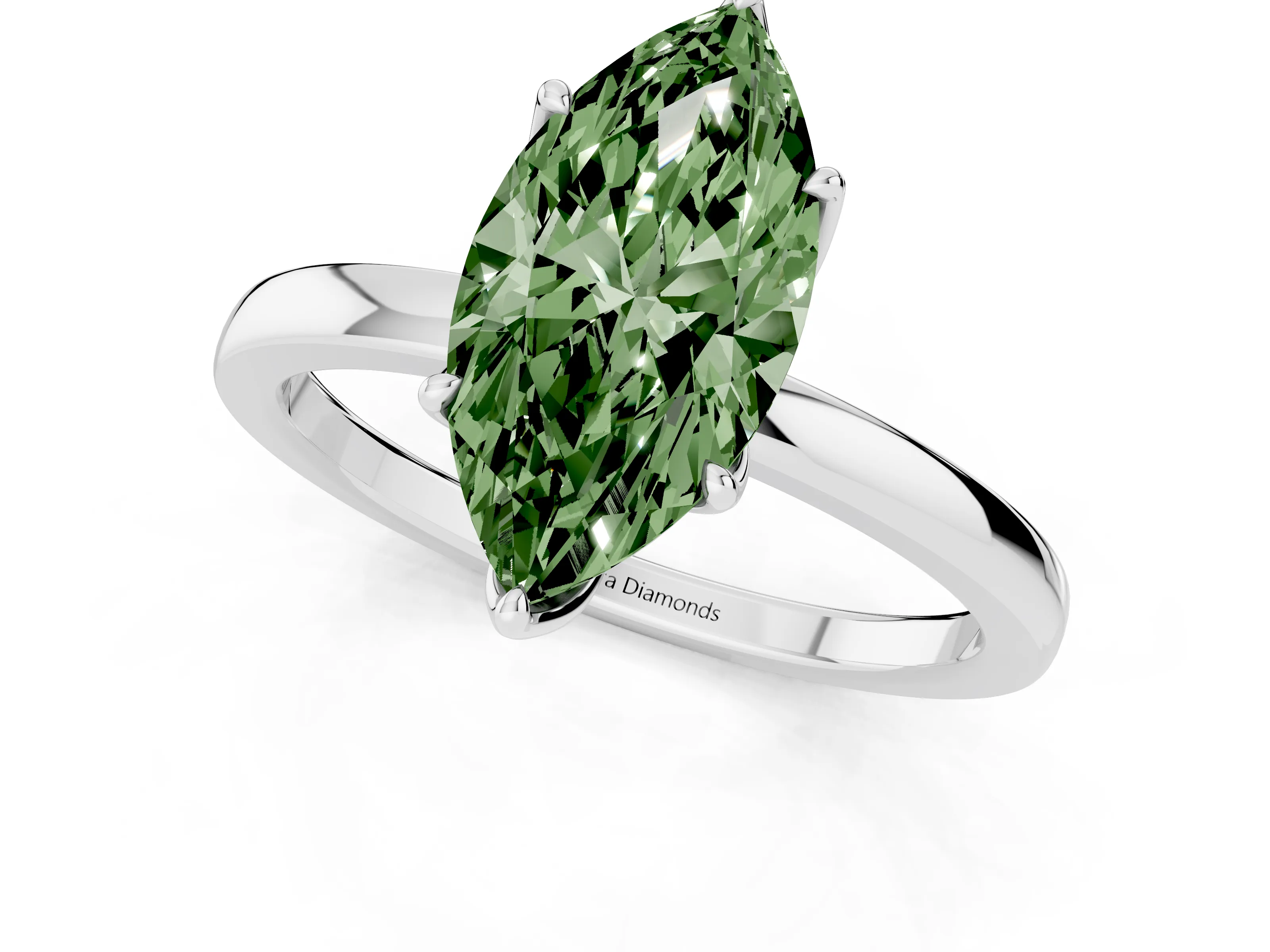 Fancy Green Marquise Cut Diamond Solitaire Ring Set in White gold with Prong Setting and Thin Polished Band