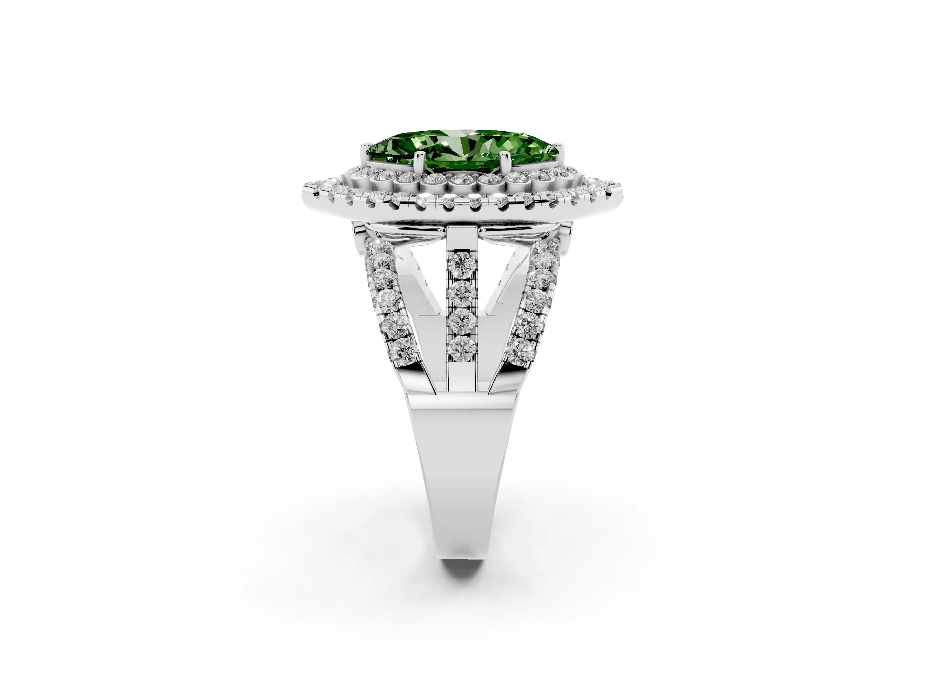 Fancy Green Marquise Cut Diamond Double Halo Ring Set in White gold with Round Pavé Split Shank