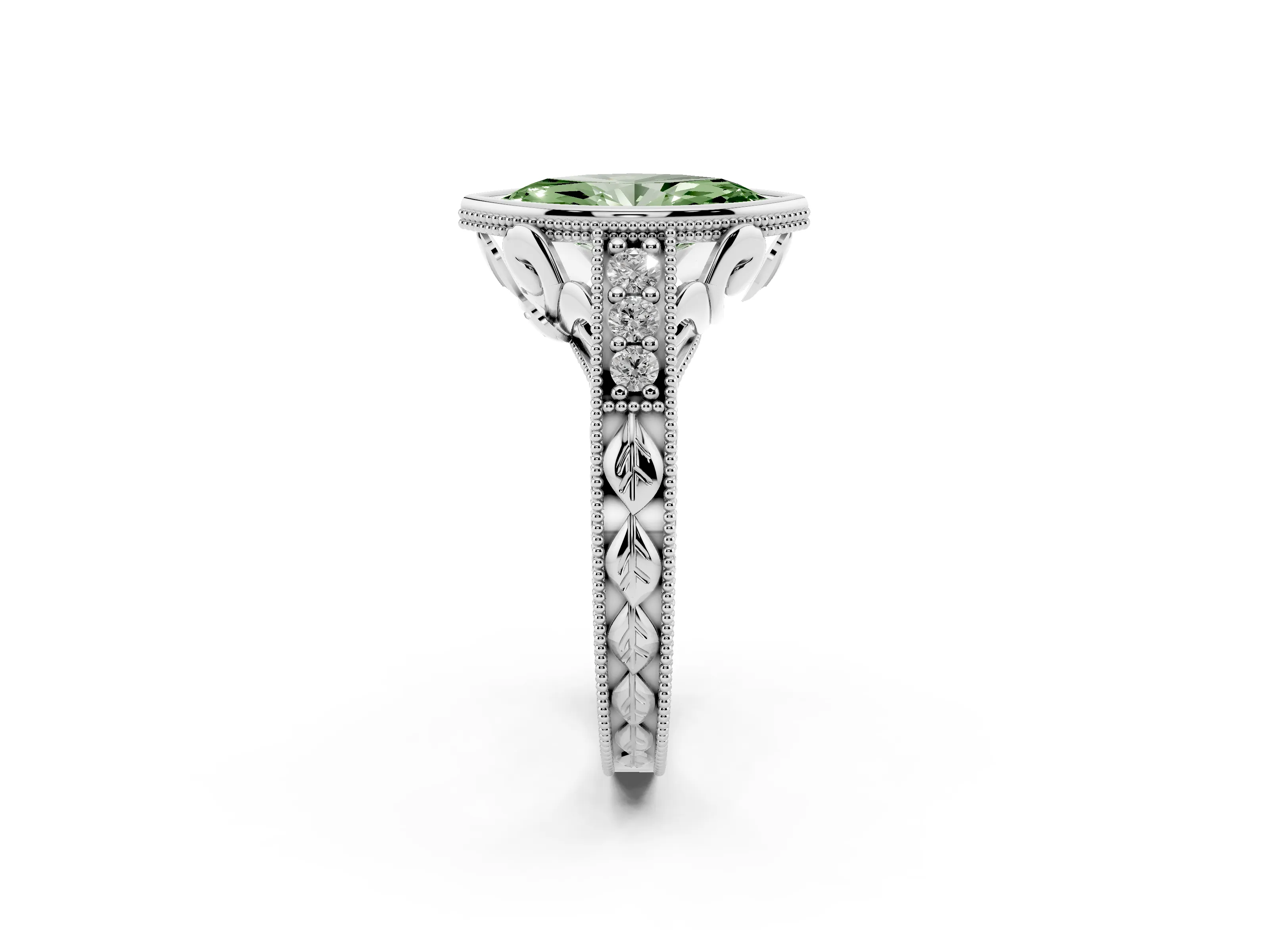 Fancy Green Bezel Set Marquise Cut Diamond Milgrain Pavé Engagement Ring Set in White gold
