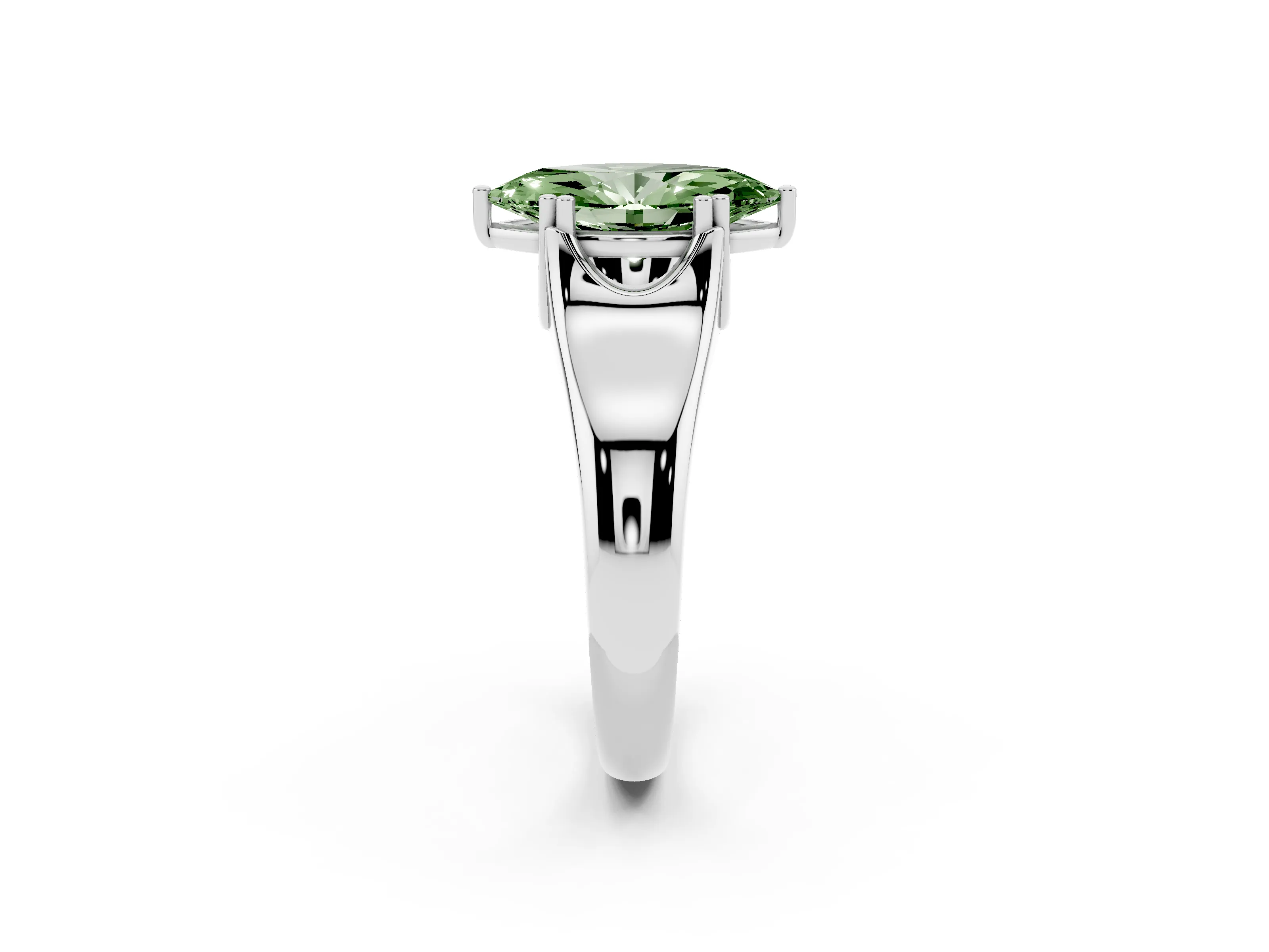 Fancy Green Marquise Cut Diamond Solitaire Ring Set in White gold with Wide Band and Prong Setting