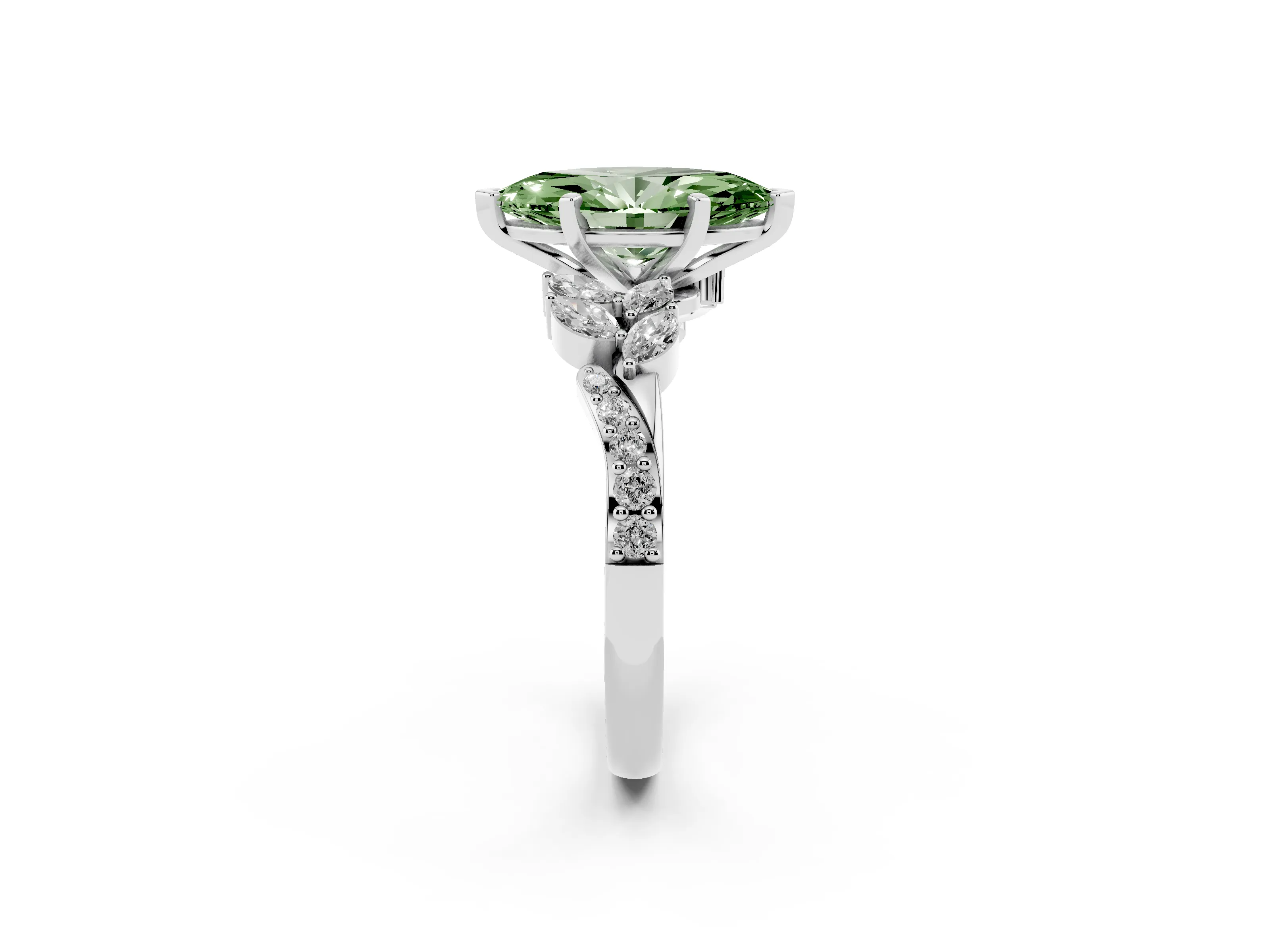 Fancy Green Marquise Cut Diamond Solitaire Ring Set in White gold with Marquise Twist Band and Prong Setting
