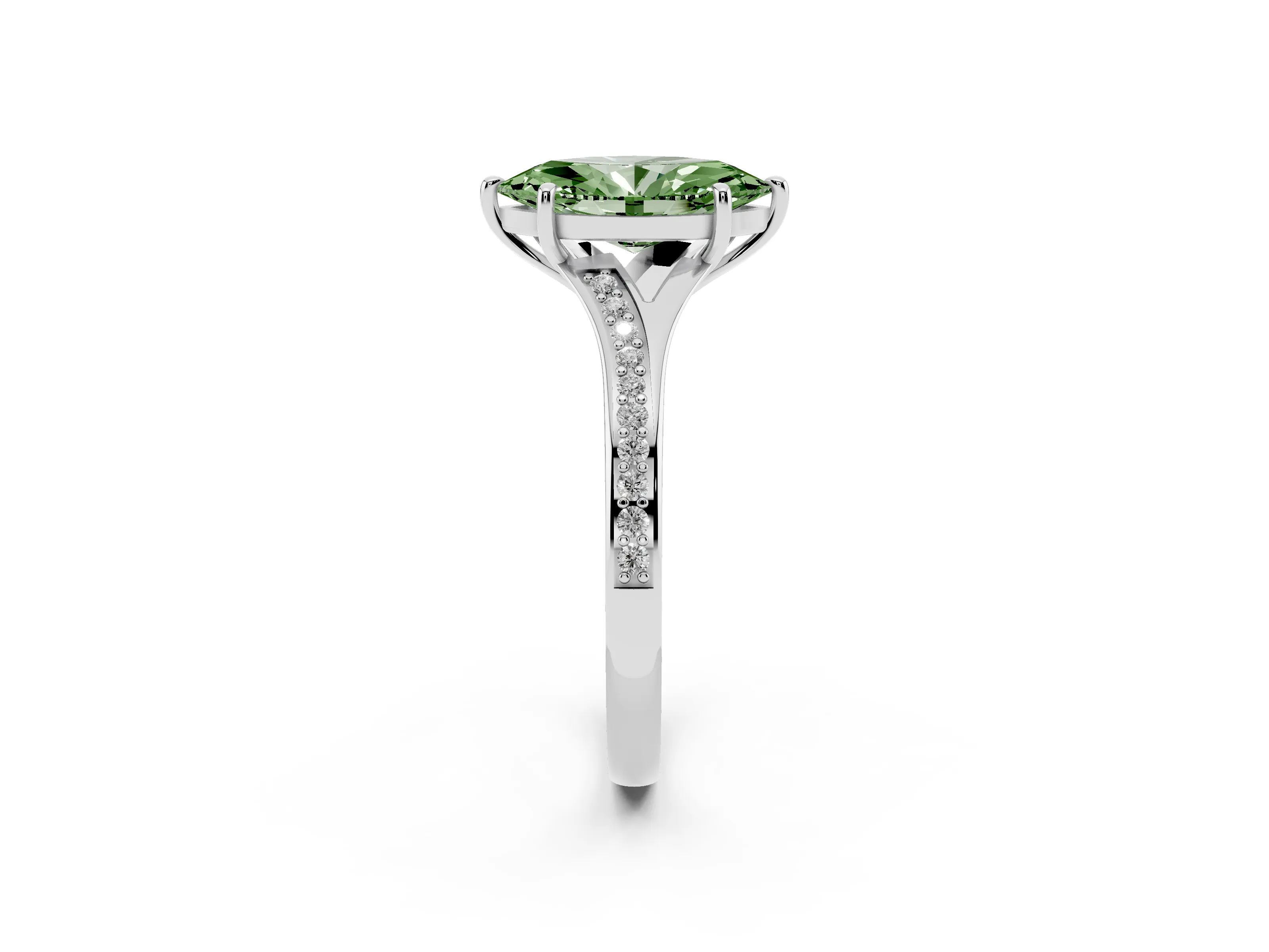 Fancy Green Marquise Cut Diamond Solitaire Ring Set in White gold with Pavé Accent Band and Classic Prong Setting
