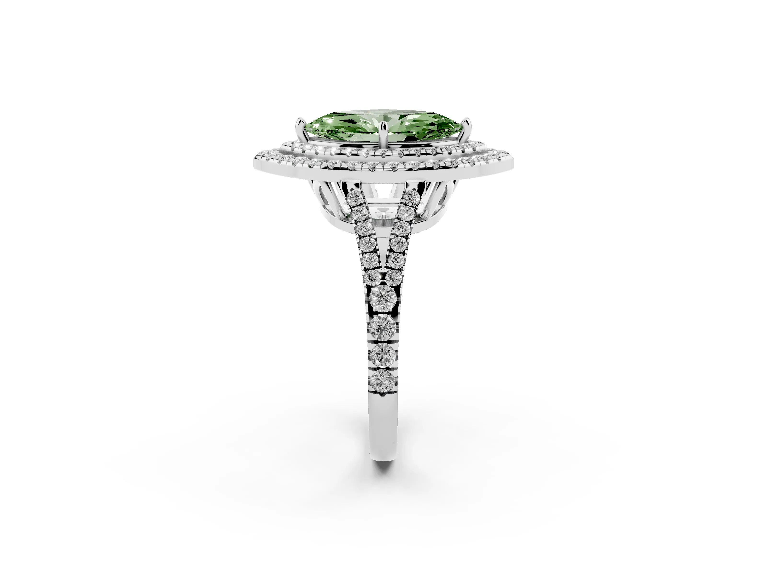 Fancy Green Marquise Cut Diamond Double Halo Ring Set in White gold with Pavé Band