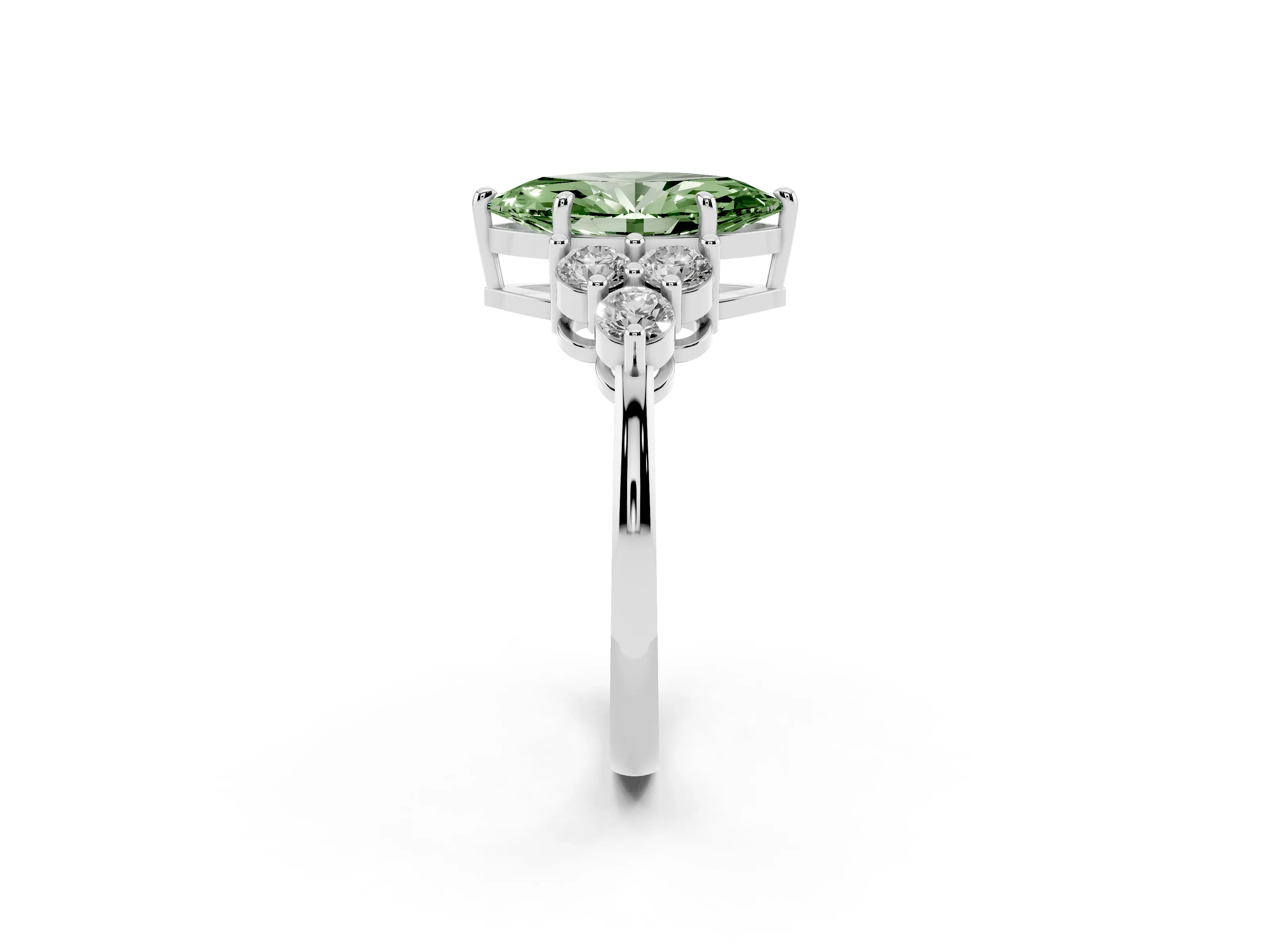 Fancy Green Marquise Cut Diamond Solitaire Ring Set in Silver with Cluster Accents on Each Side