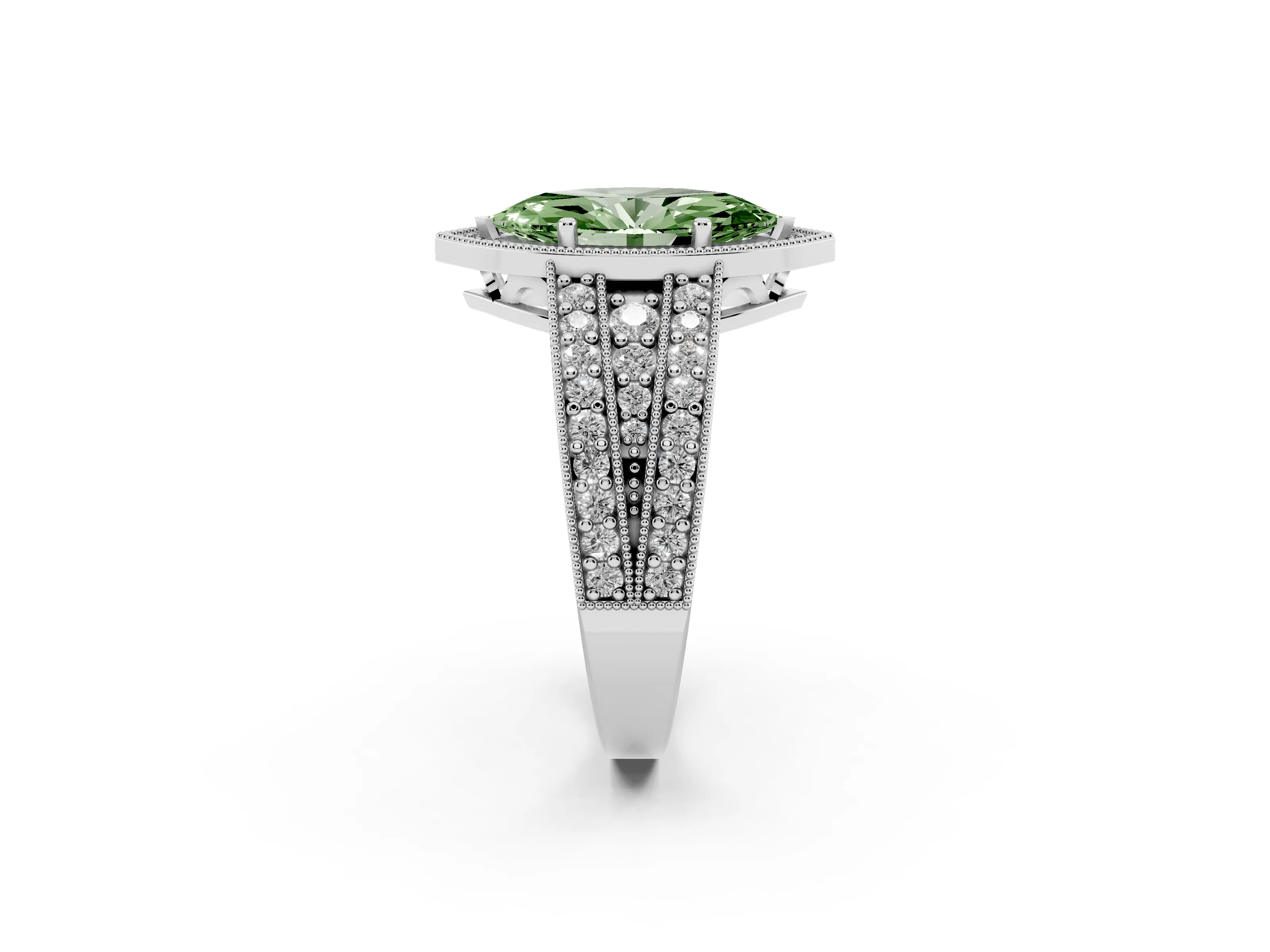Fancy Green Marquise Cut Diamond Halo Ring Set in Silver with Accent Split Shank and Prong Setting