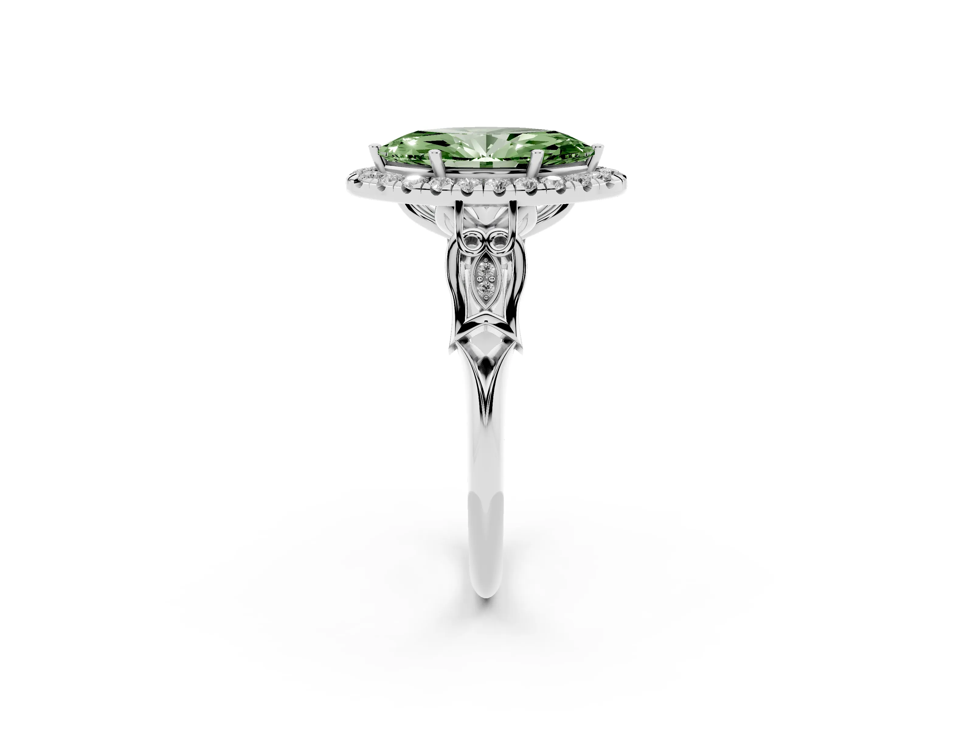Fancy Green Marquise Cut Diamond Halo Engagement Ring Set in White gold with Filigree Band and Prong-Set Center