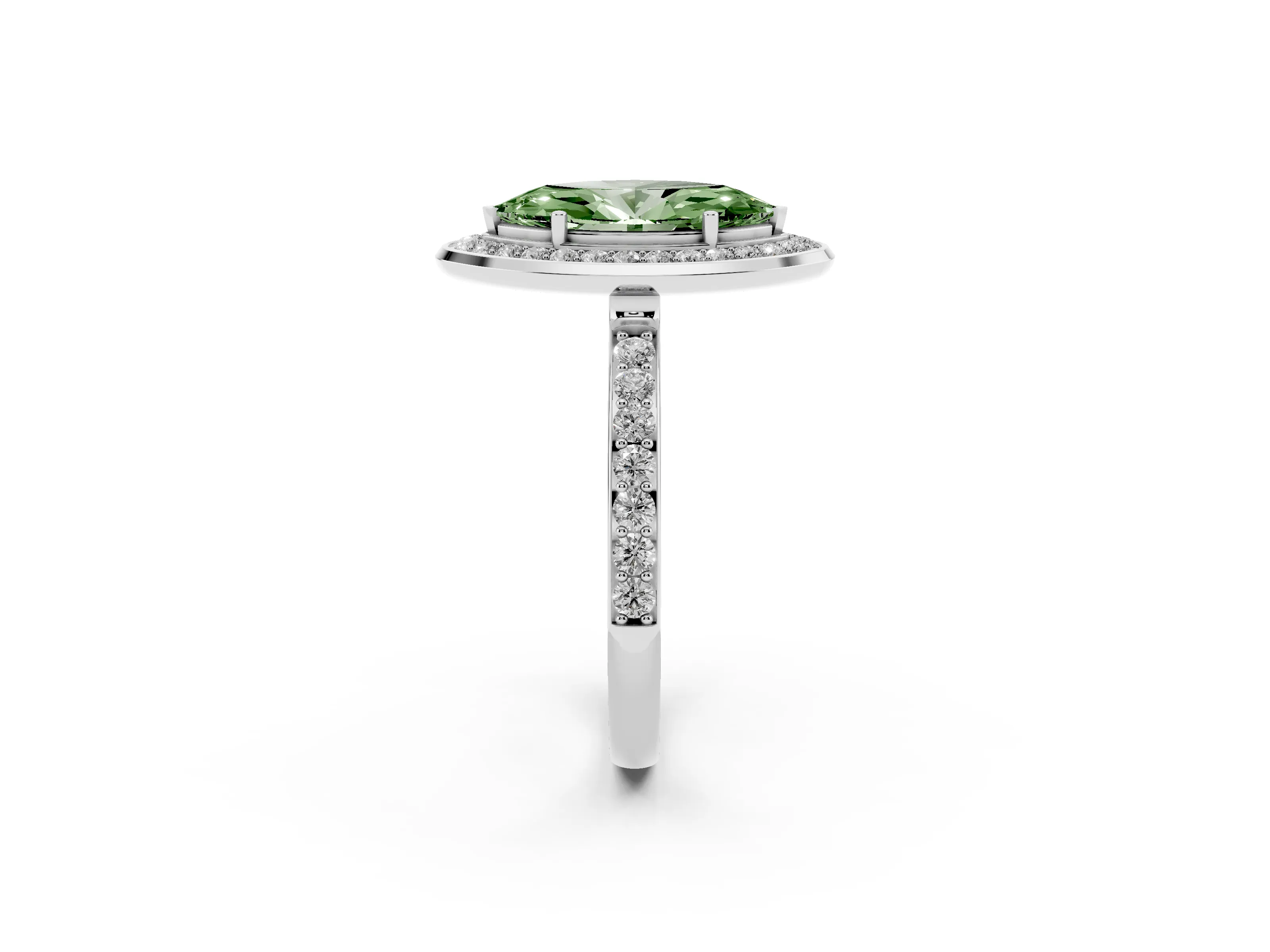 Fancy Green Marquise Cut Diamond Halo Ring Set in Silver with Bezel Frame and Pavé Band