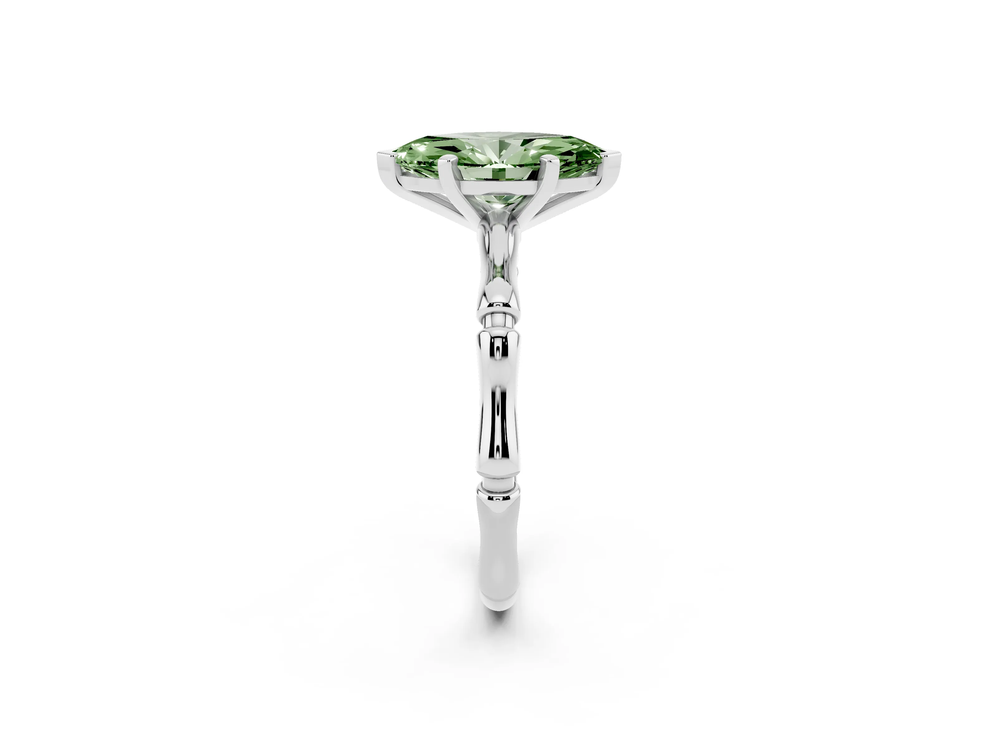 Fancy Green Marquise Cut Diamond Solitaire Ring Set in Silver with Bamboo Band and Prong Setting