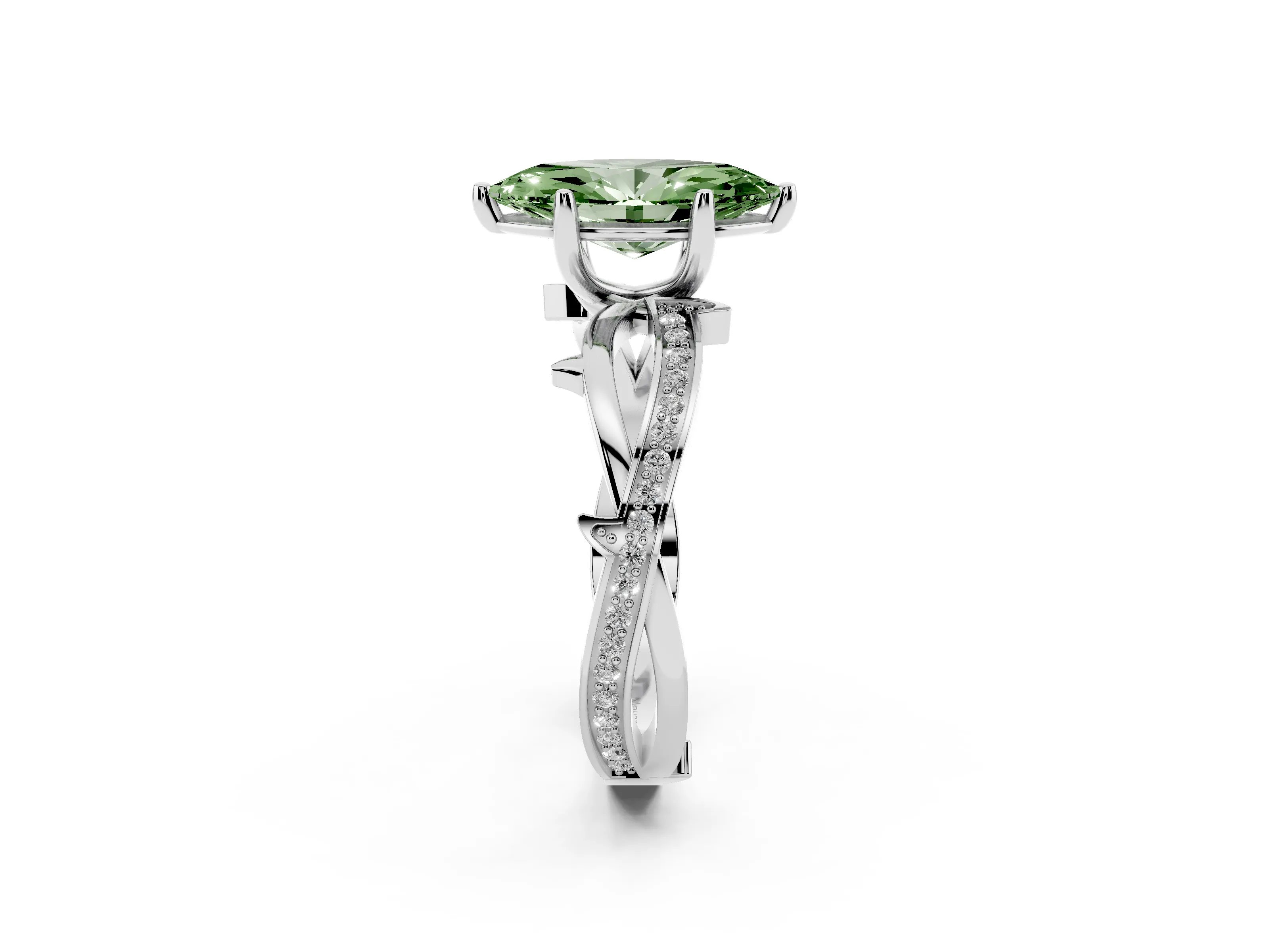 Fancy Green Marquise Cut Diamond Pavé Twist Band Solitaire Ring Set in Silver with Prong Setting