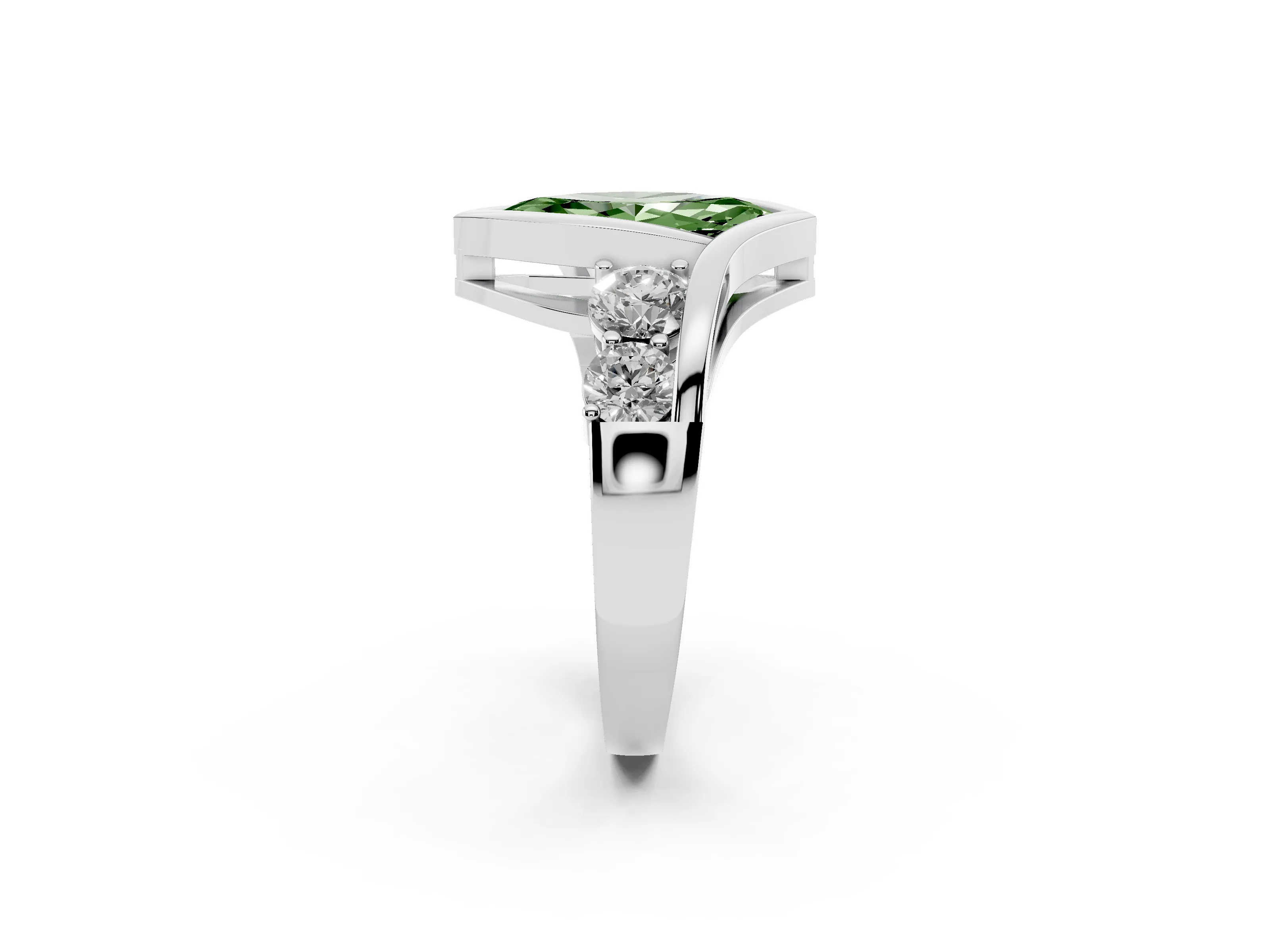 Fancy Green Marquise Cut Diamond Bezel Bypass Ring Set in Silver with Round Accents