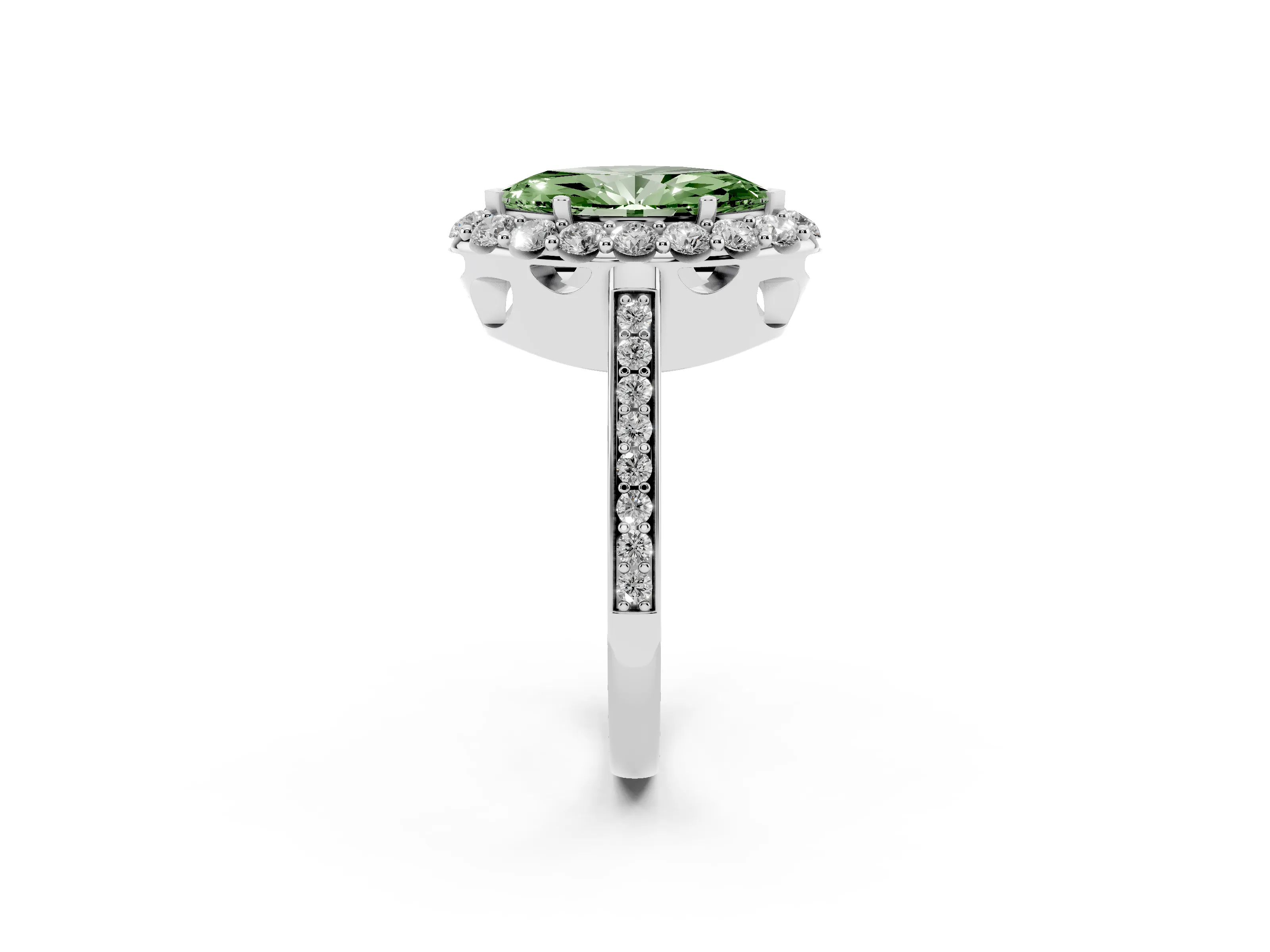 Fancy Green Marquise Cut Diamond Floral Halo Ring Set in Silver with Pavé Band and Prong Setting