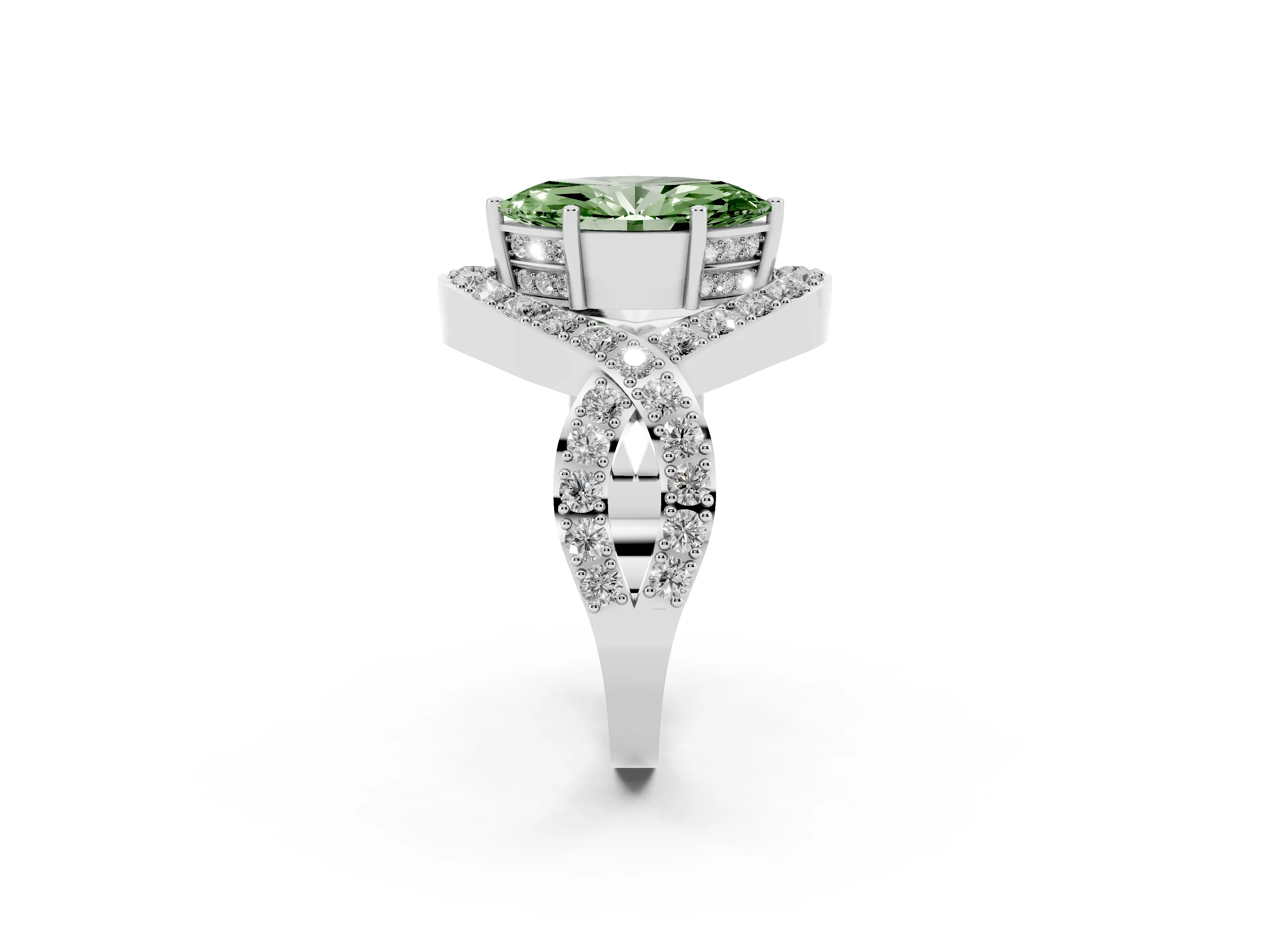 Fancy Green Marquise Cut Diamond Solitaire Twist Band Pavé Engagement Ring Set in Silver
