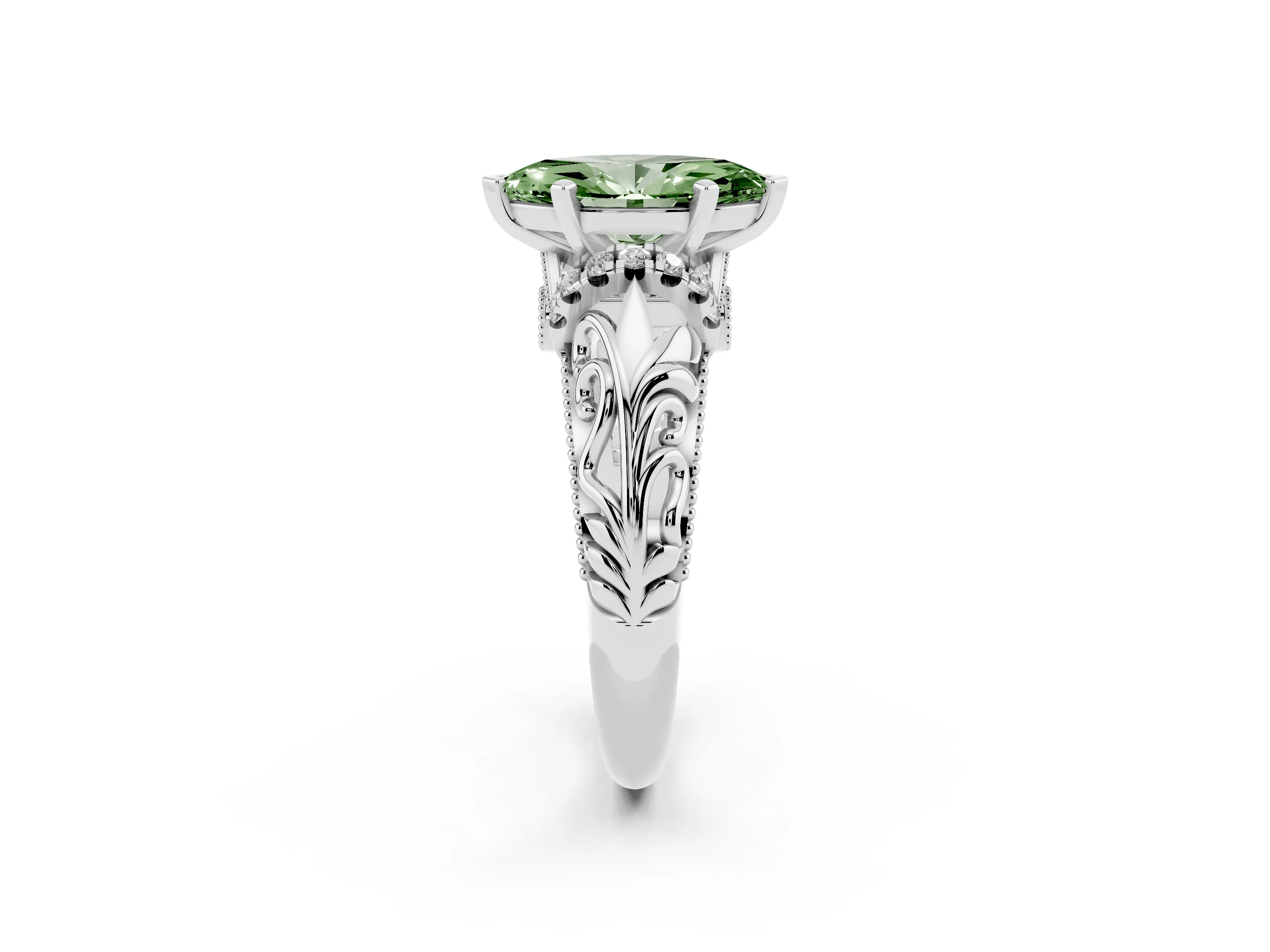 Fancy Green Marquise Cut Diamond Filigree Halo Engagement Ring Set in White gold with Prong Setting