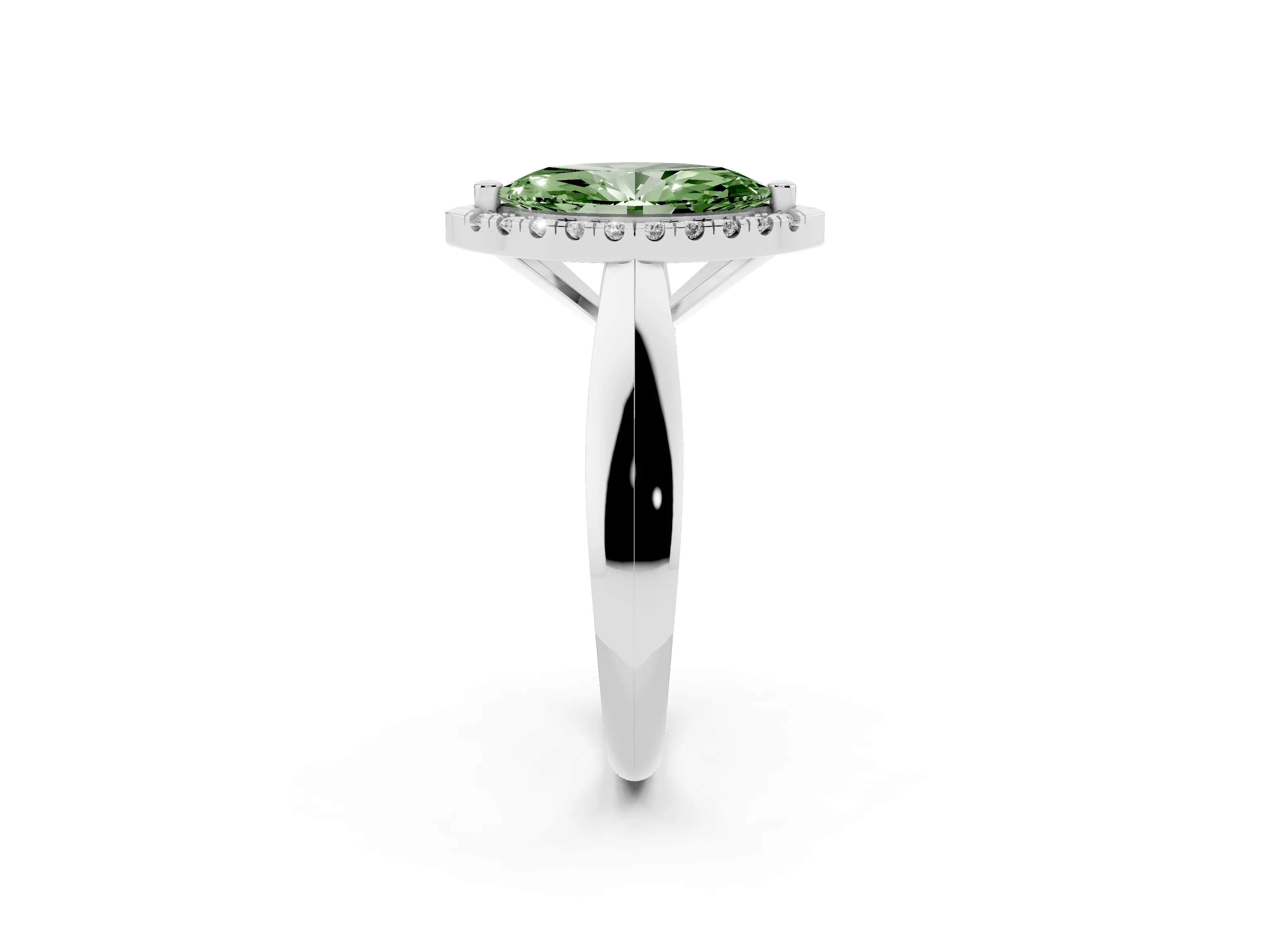 Fancy Green Marquise Cut Diamond Halo Solitaire Engagement Ring Set in Platinum with Square Band and Prong Setting