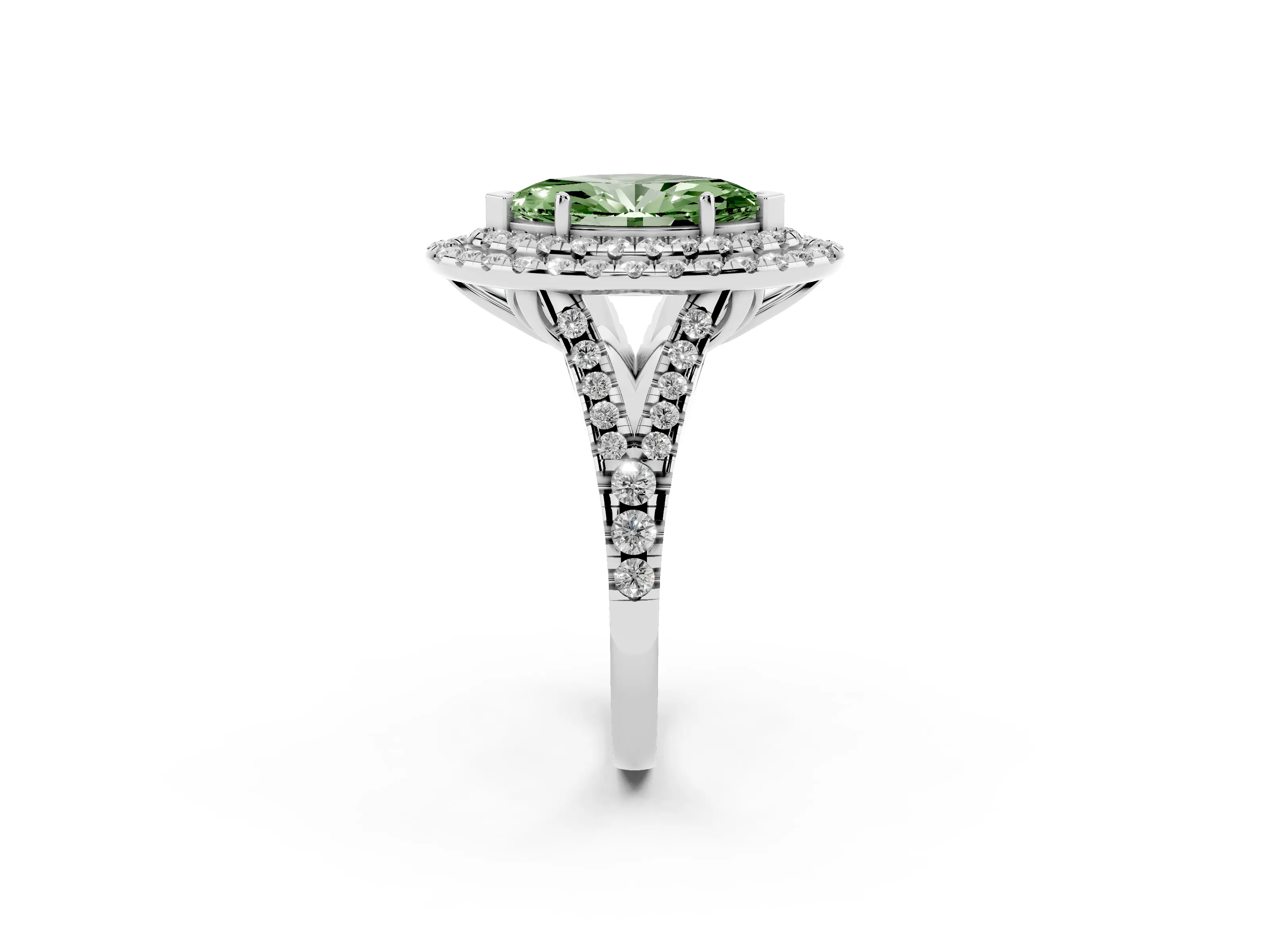 Fancy Green Marquise Cut Diamond Double Halo Ring Set in Platinum with Pavé Split Shank and Prong Setting
