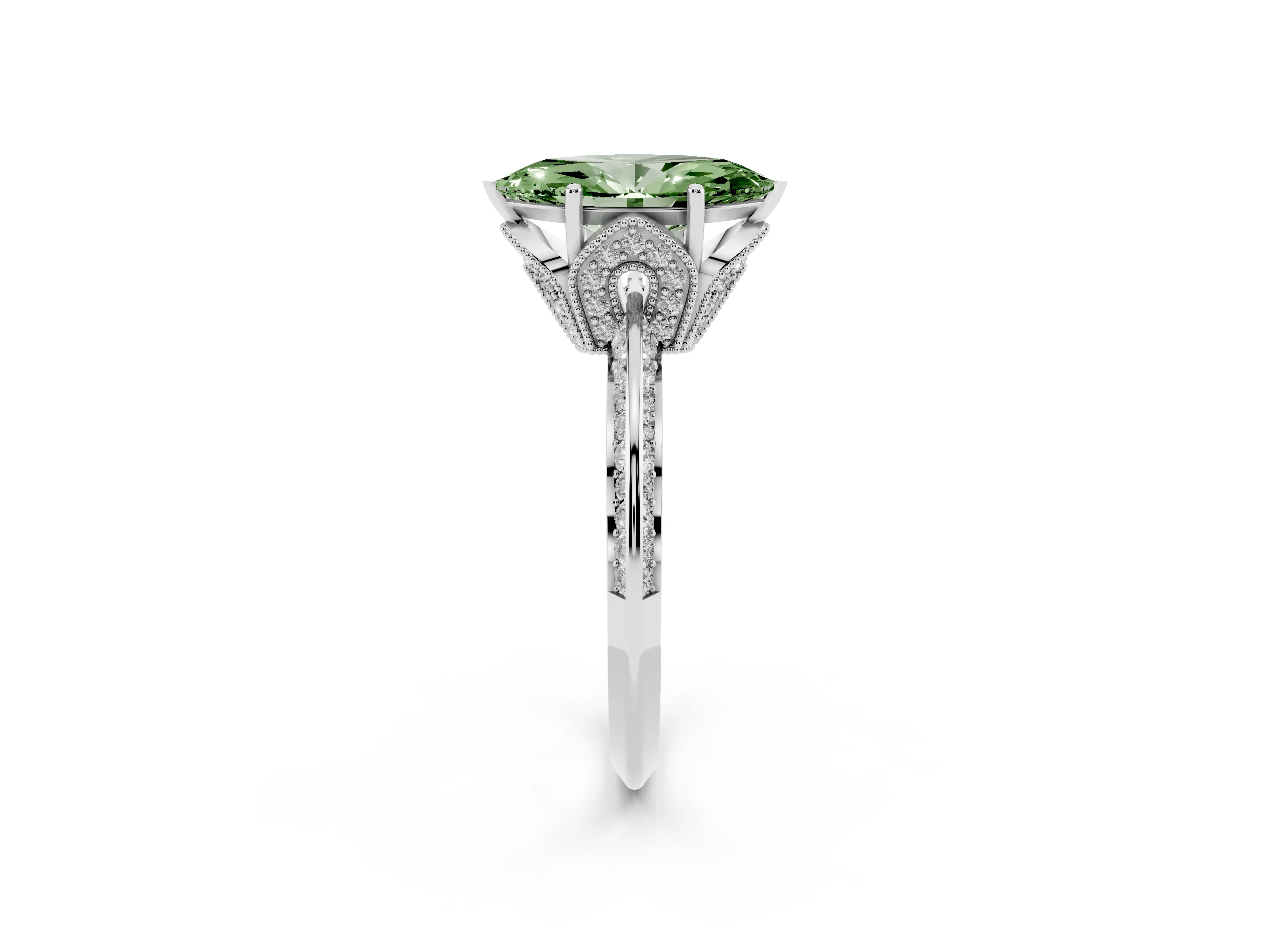 Fancy Green Marquise Cut Diamond Solitaire Engagement Ring Set in Silver with Pavé Split Shank and Prong Setting
