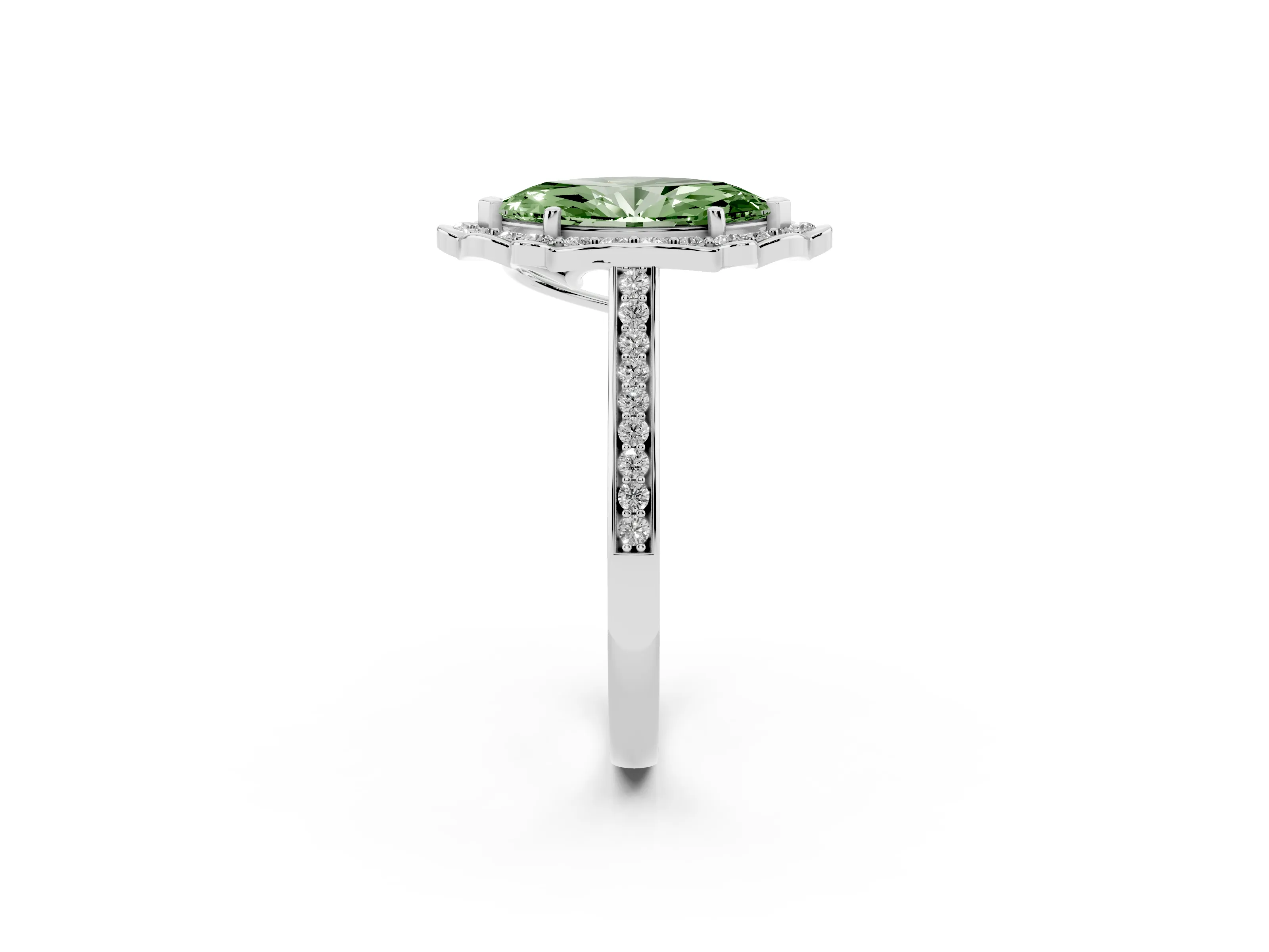 Fancy Green Marquise Cut Diamond Halo Ring Set in White gold with Pavé-Lined Shoulders and Prong Setting