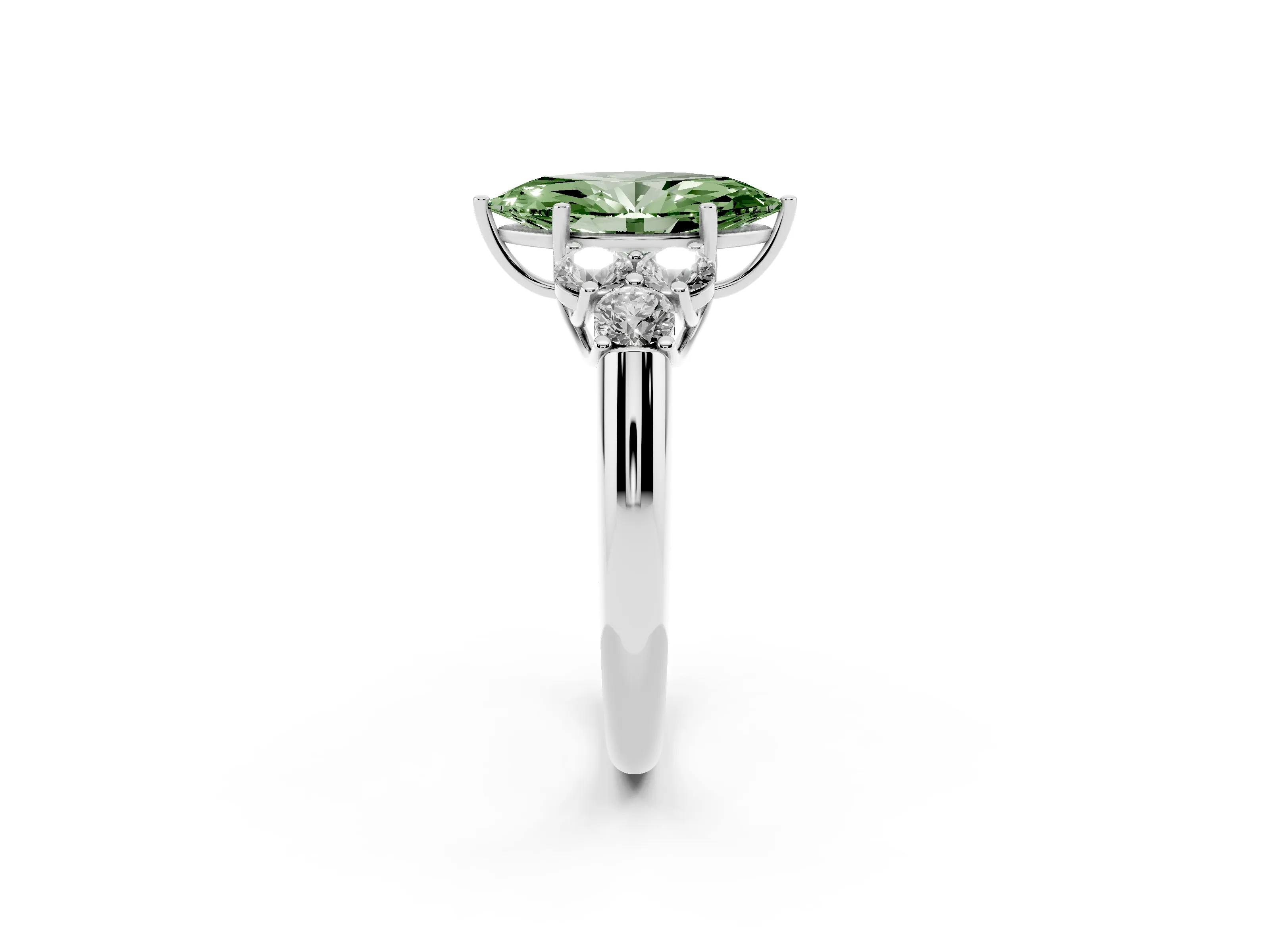 Fancy Green Marquise Cut Diamond Cluster Ring Set in Platinum with Round Accent Stones and Prong Setting on a Plain Band
