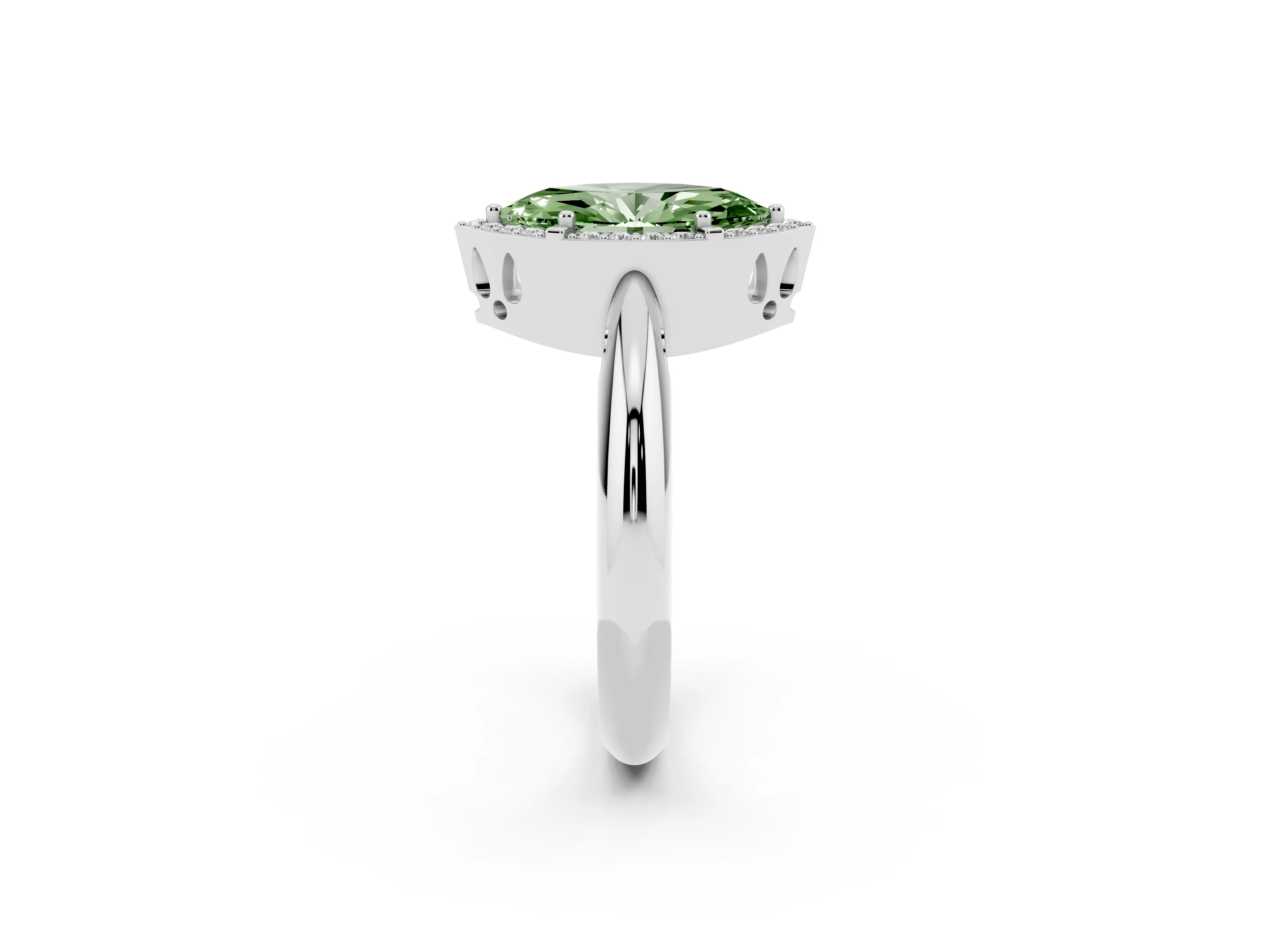 Fancy Green Marquise Cut Diamond Halo Engagement Ring Set in White gold with Plain Split Shank and Prong Setting