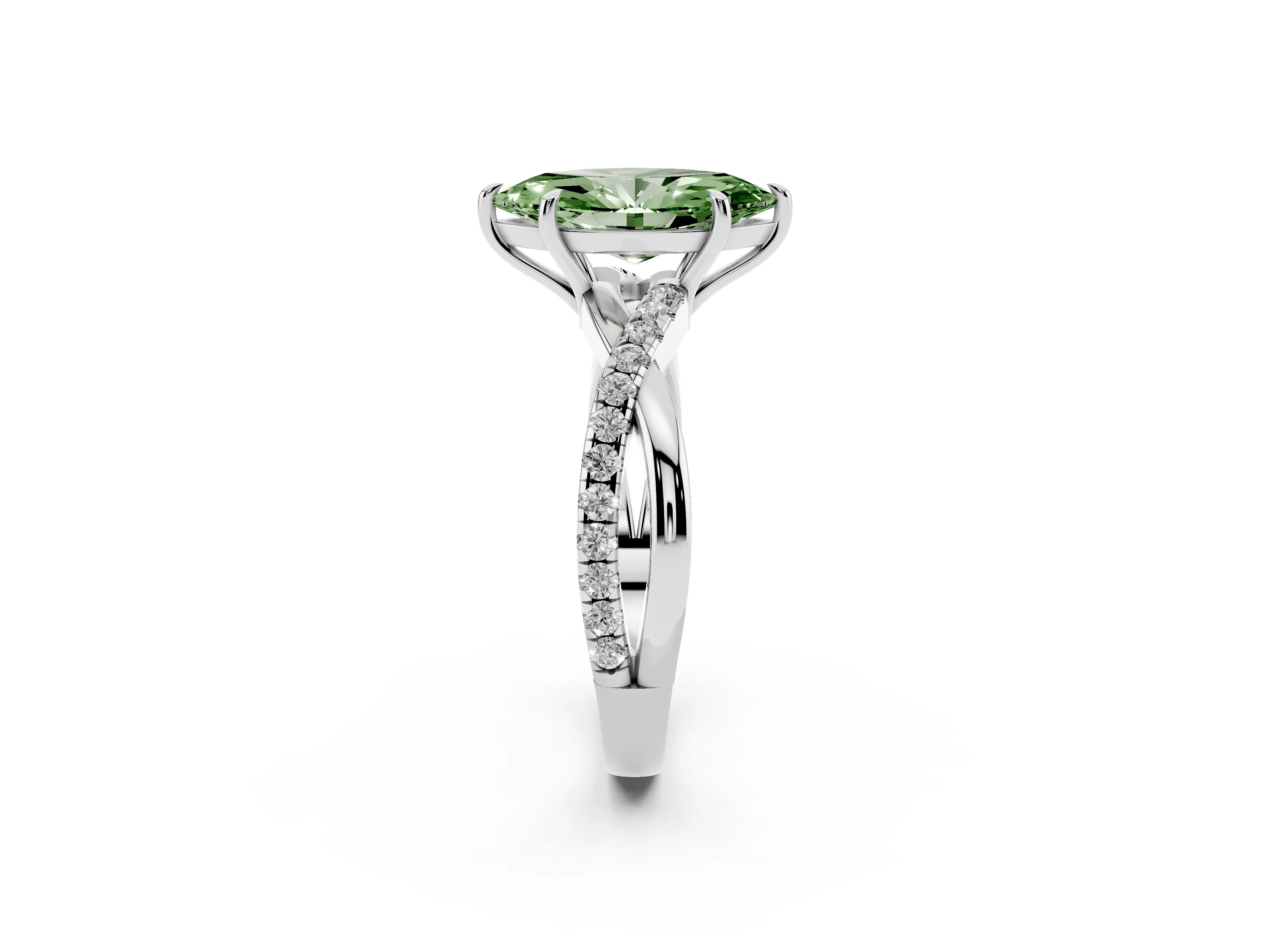 Fancy Green Marquise Cut Diamond Twisted Pavé Band Ring Set in Silver with Prong Setting