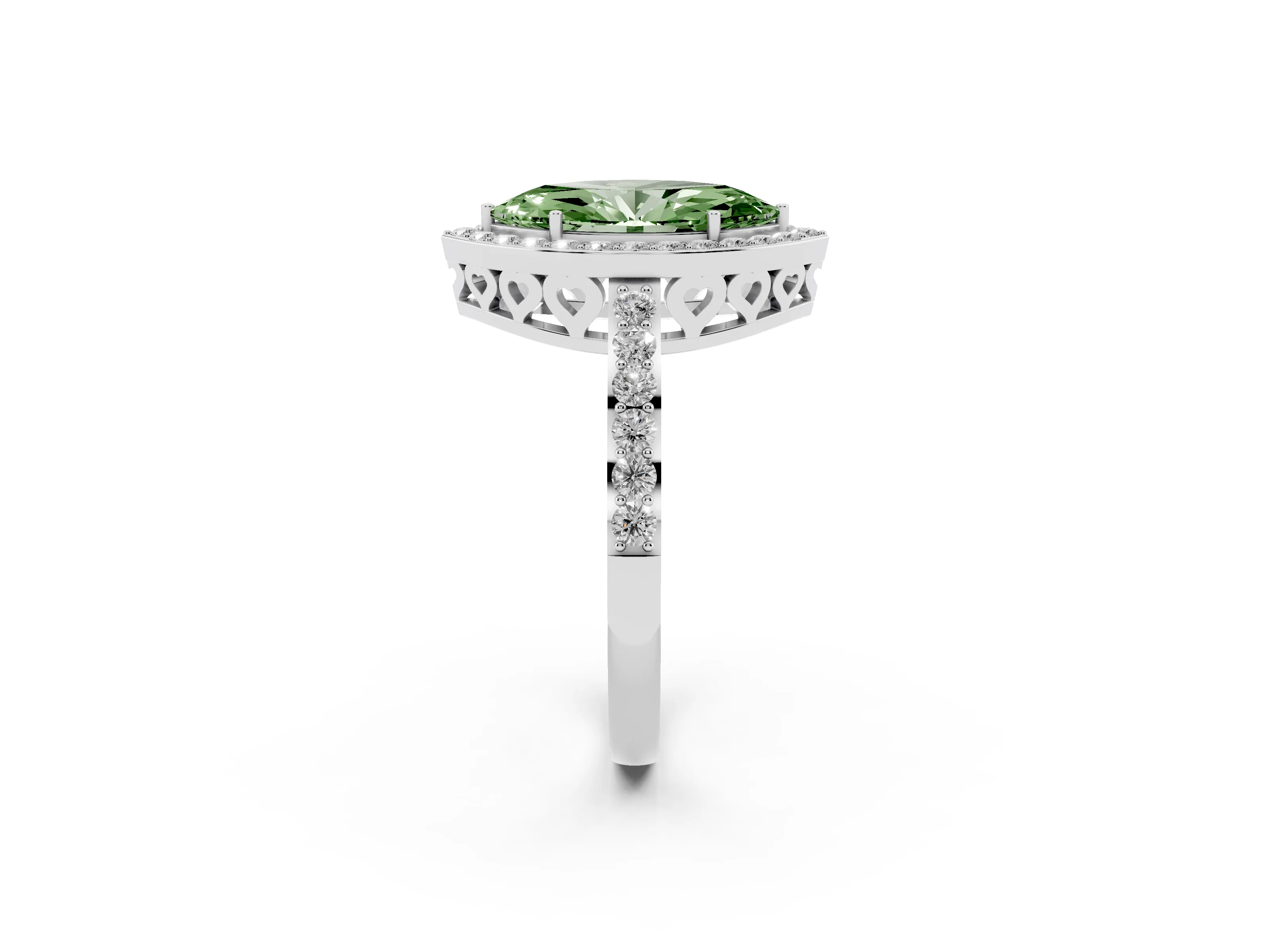 Fancy Green Marquise Cut Diamond Halo Ring Set in White gold with Pavé-Setting Band and Open Prong Center