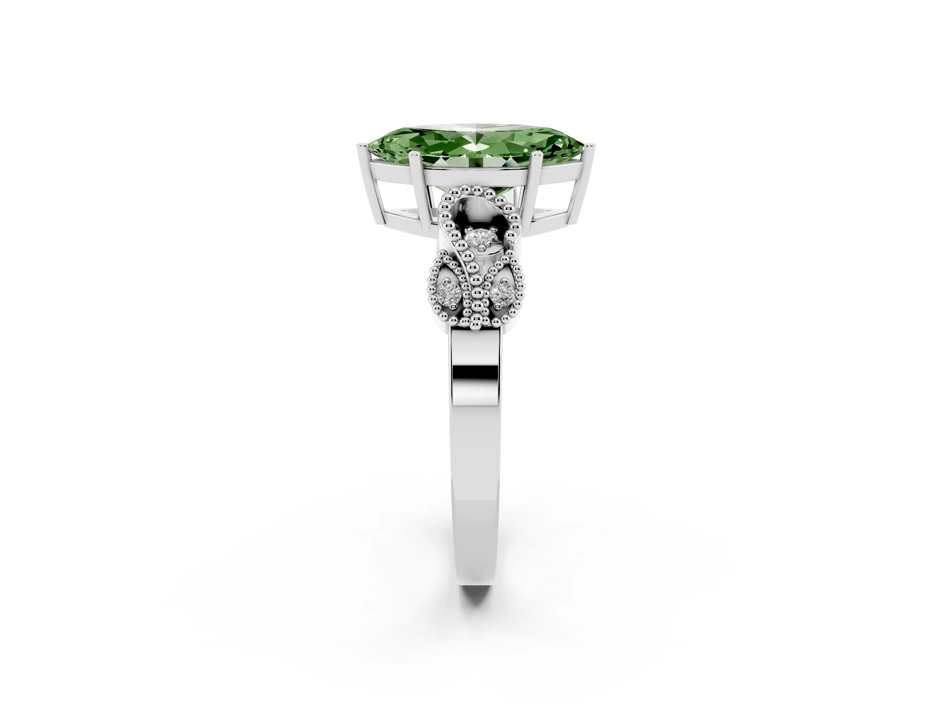 Fancy Green Marquise Cut Diamond Milgrain Leaf Band Solitaire Ring Set in Silver with Accent Stones and Prong Setting