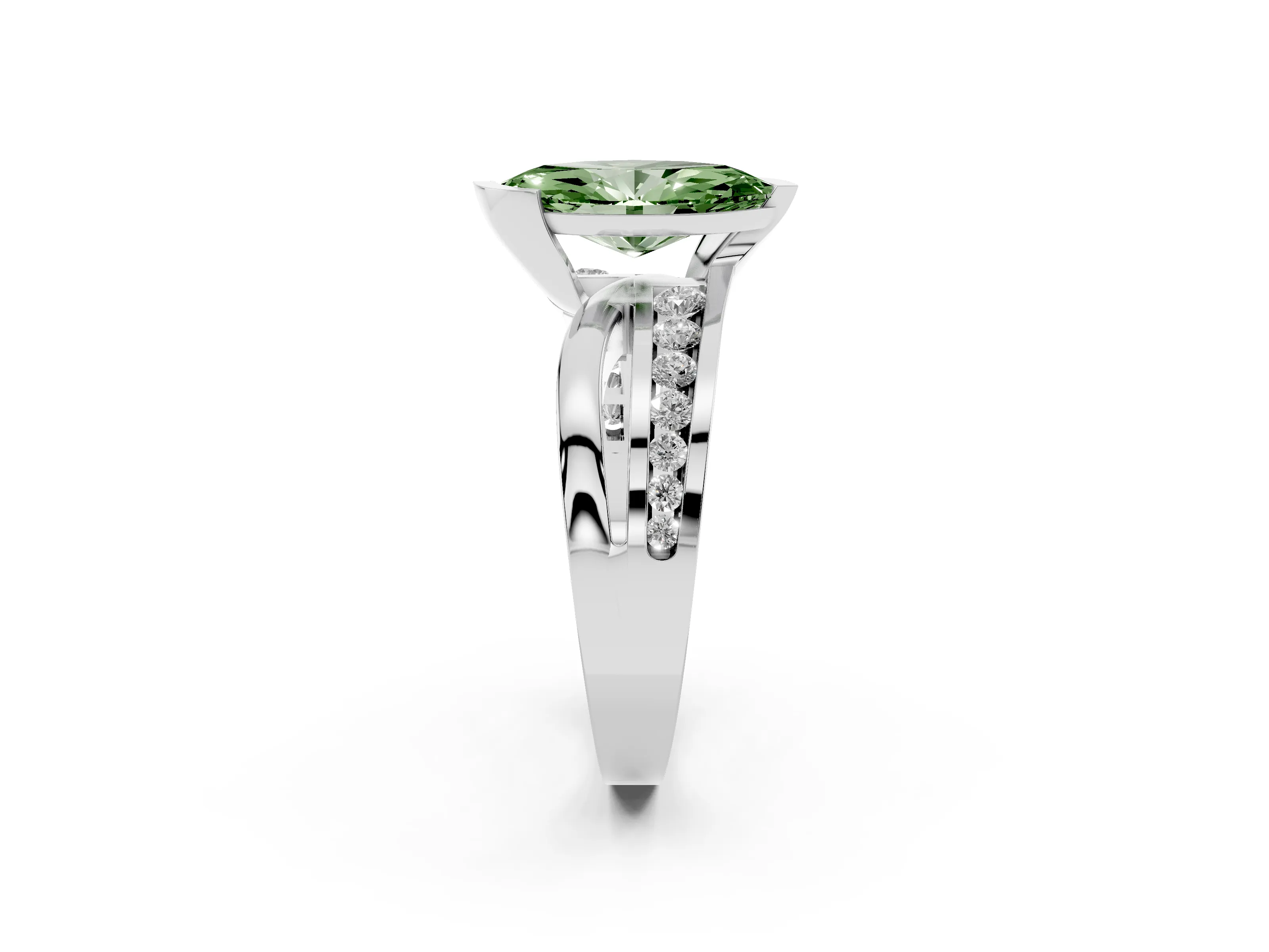 Fancy Green Marquise Cut Diamond Solitaire Ring Set in Silver with Channel Set Split Shank and Tension Prongs