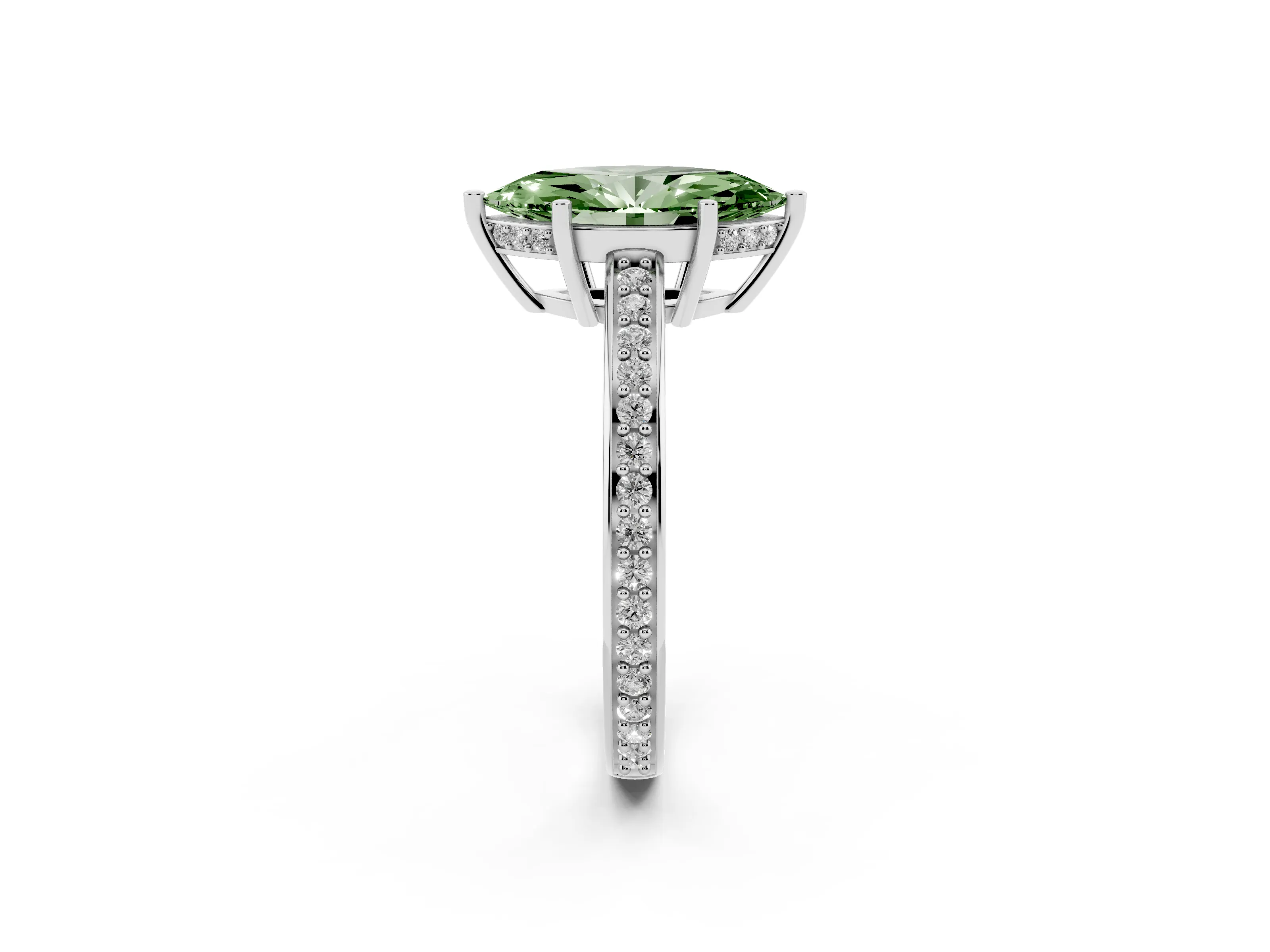 Fancy Green Marquise Cut Diamond Pavé Band Prong Set Solitaire Ring Set in Platinum